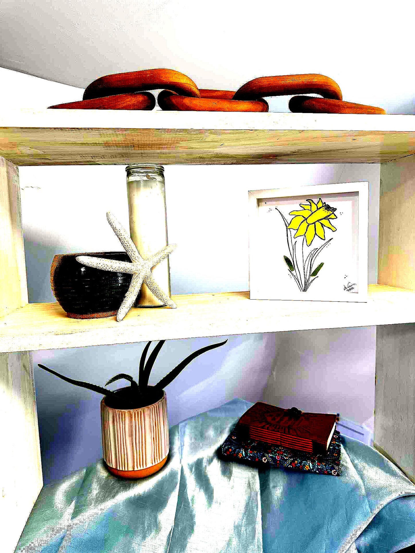 Daffodil Green Stem MINI - Sea Glass Art - 6x6 Framed