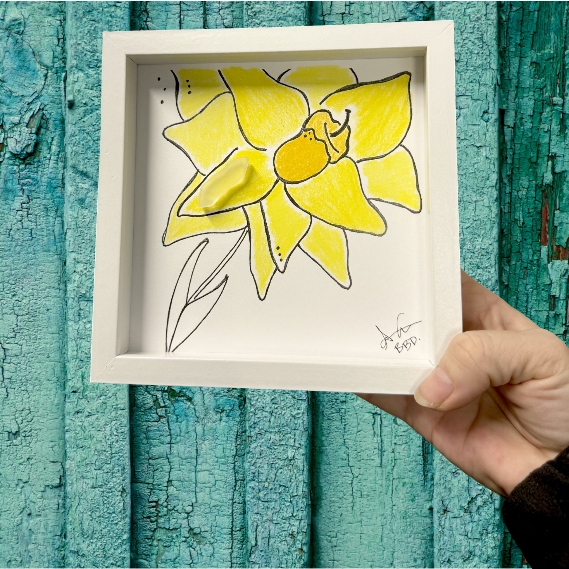 daffodil yellow MINI 6in sea glass art on green