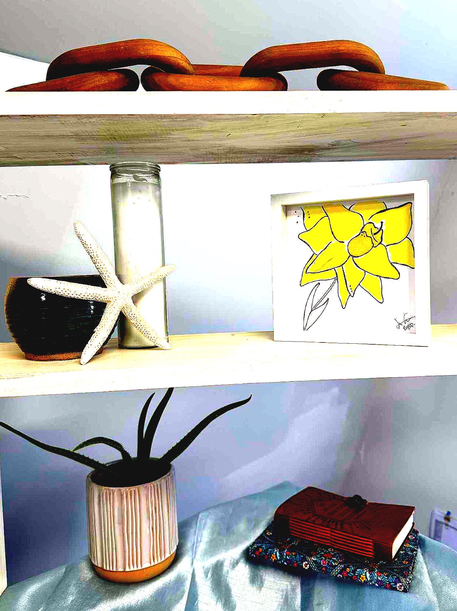 daffodil yellow on shelf 3tier 6in MINI sea glass art 