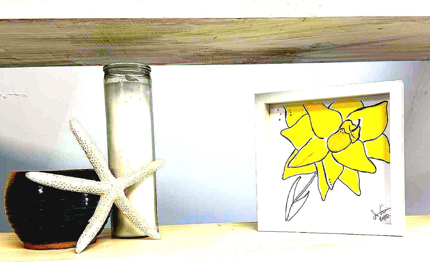 daffodil yellow one shelf 6in MINI sea glass art 