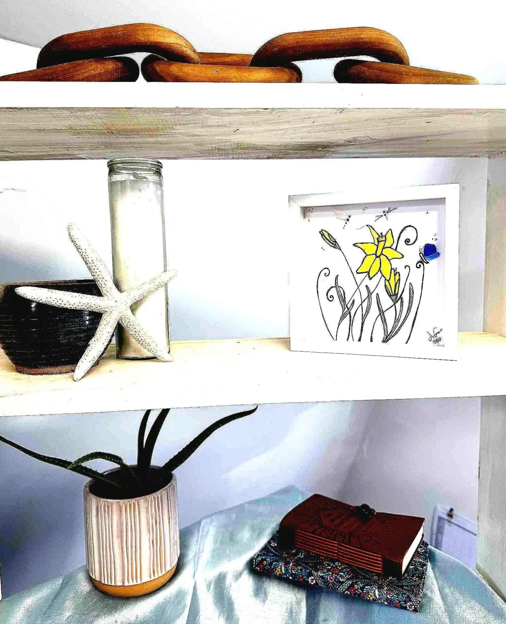 daffodils butterfly dragonfly 6in MINI sea glass 3 tier shelf bright