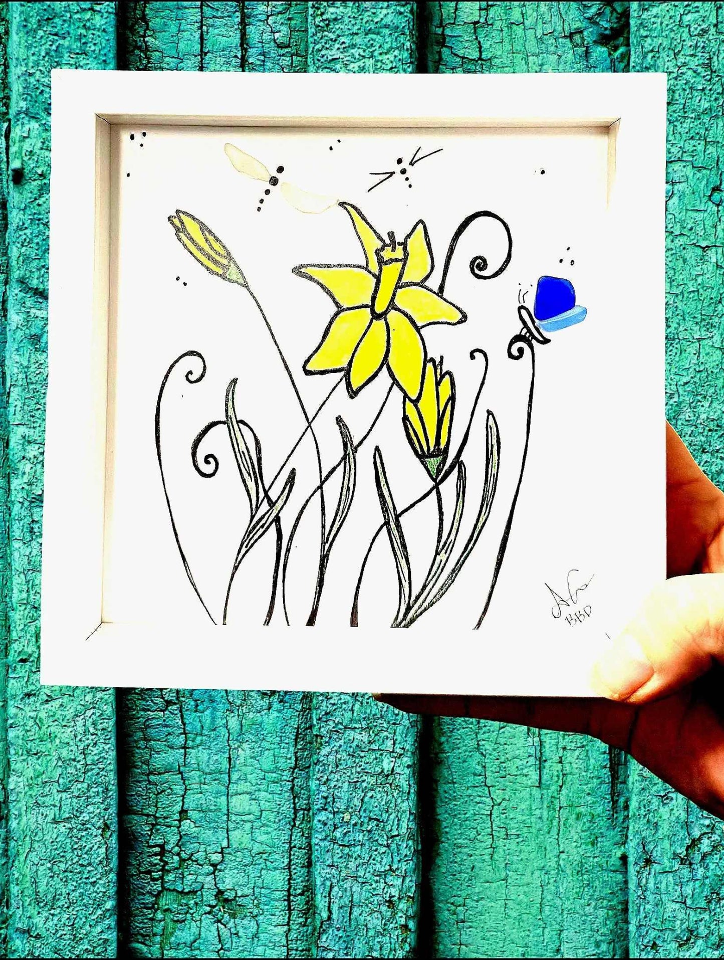 daffodils butterfly dragonfly 6in MINI sea glass tall bright