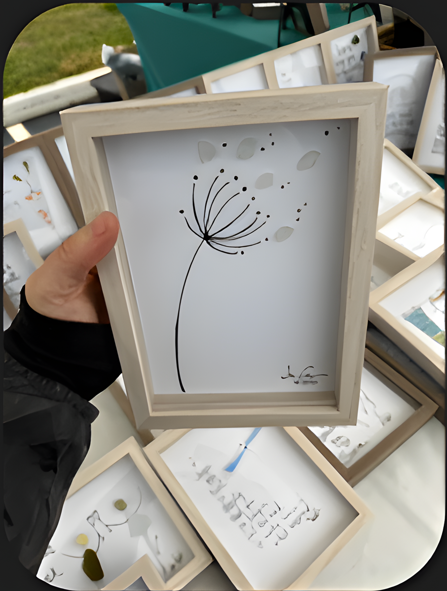 Dandelion in Breeze - SLIM Sea Glass Art,  5x7 Whitewash Frame
