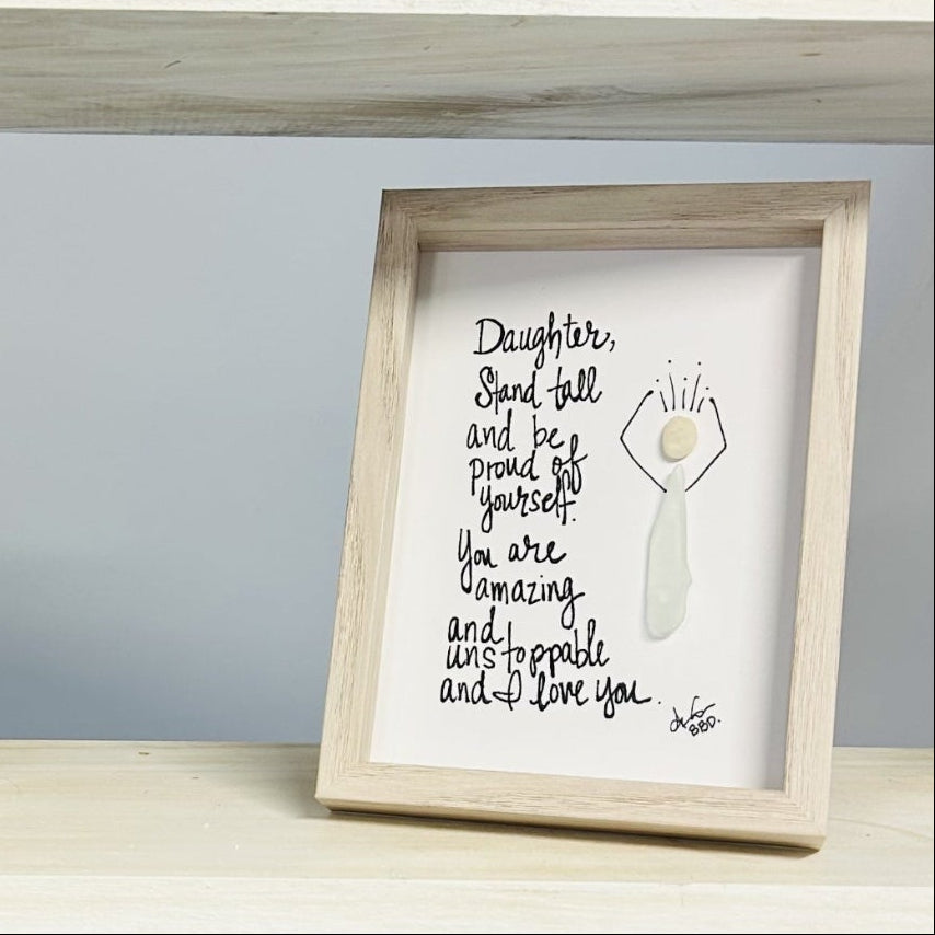 daughter stand tall 5x7 whitewash on 3 tier shelf 