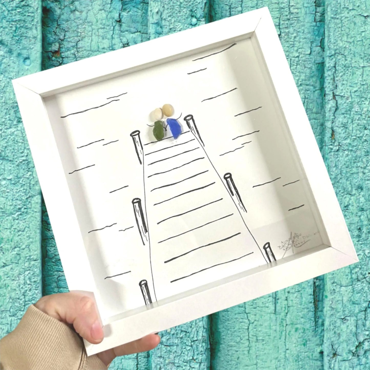 Dockside -Sea Glass Art, Friendship Gift, Coastal Decor, 8x8 Framed