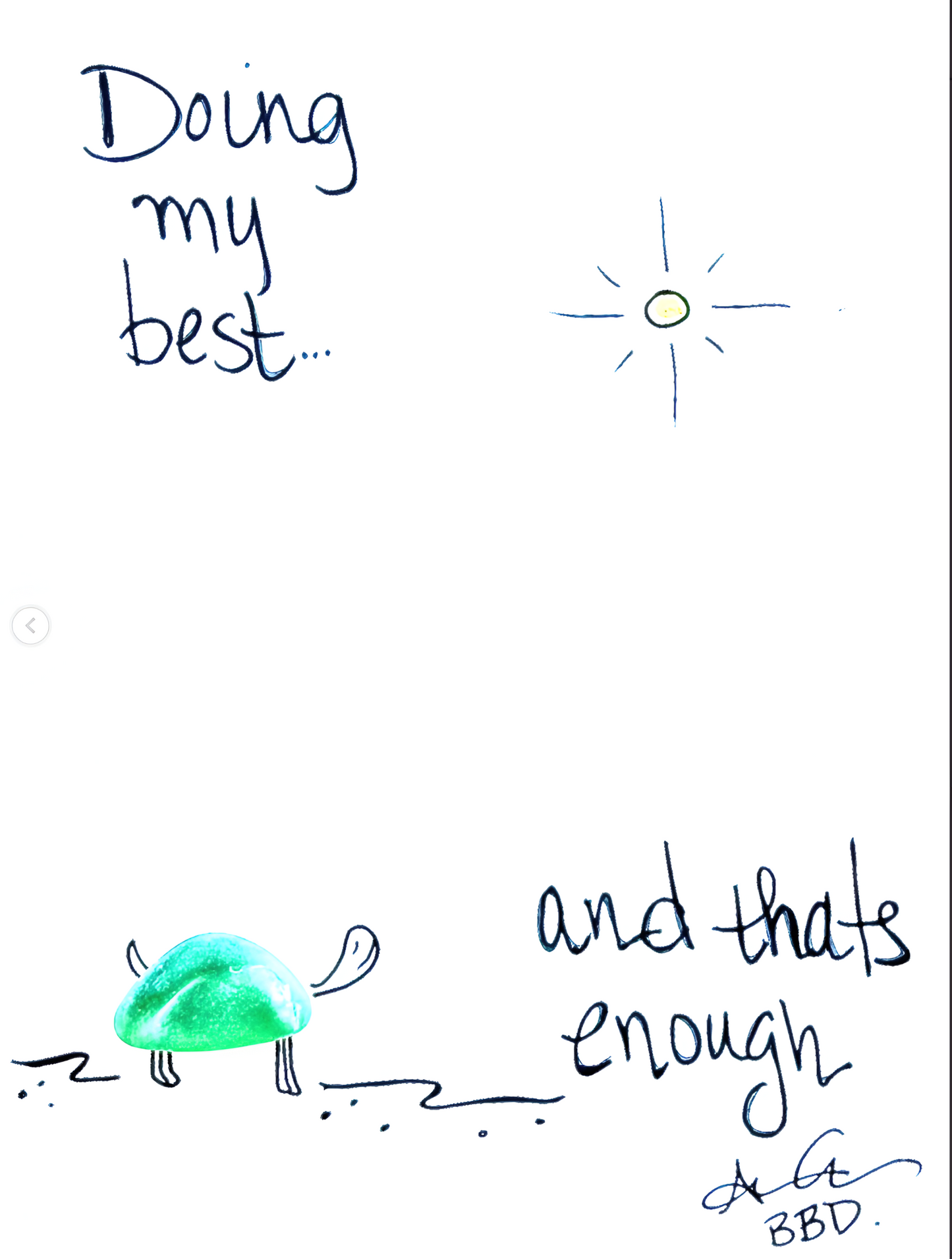 "Doing my best...and that's enough" sea glass sea turtle under hand drawn sun on the beach 