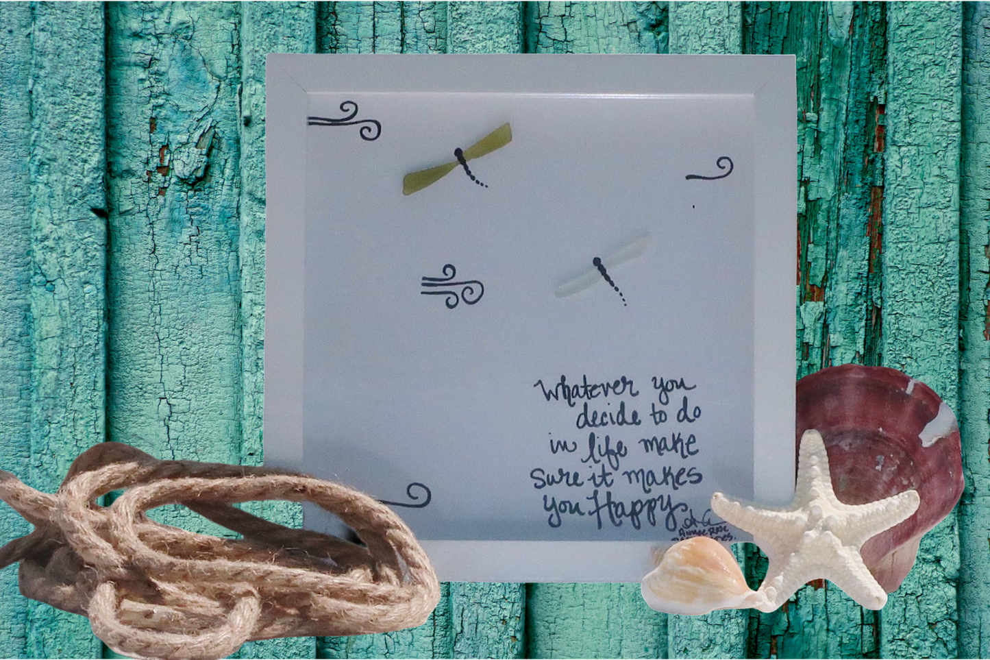 dragonfly happy with rope2 8 inch sea glass art by BBD