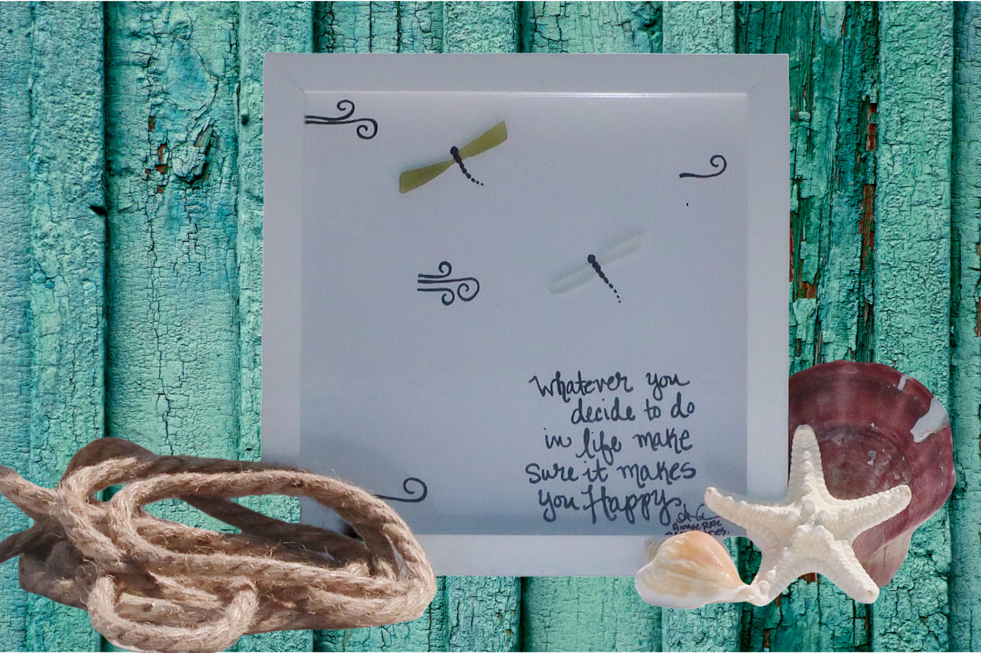 dragonfly happy with rope2 8 inch sea glass art by BBD