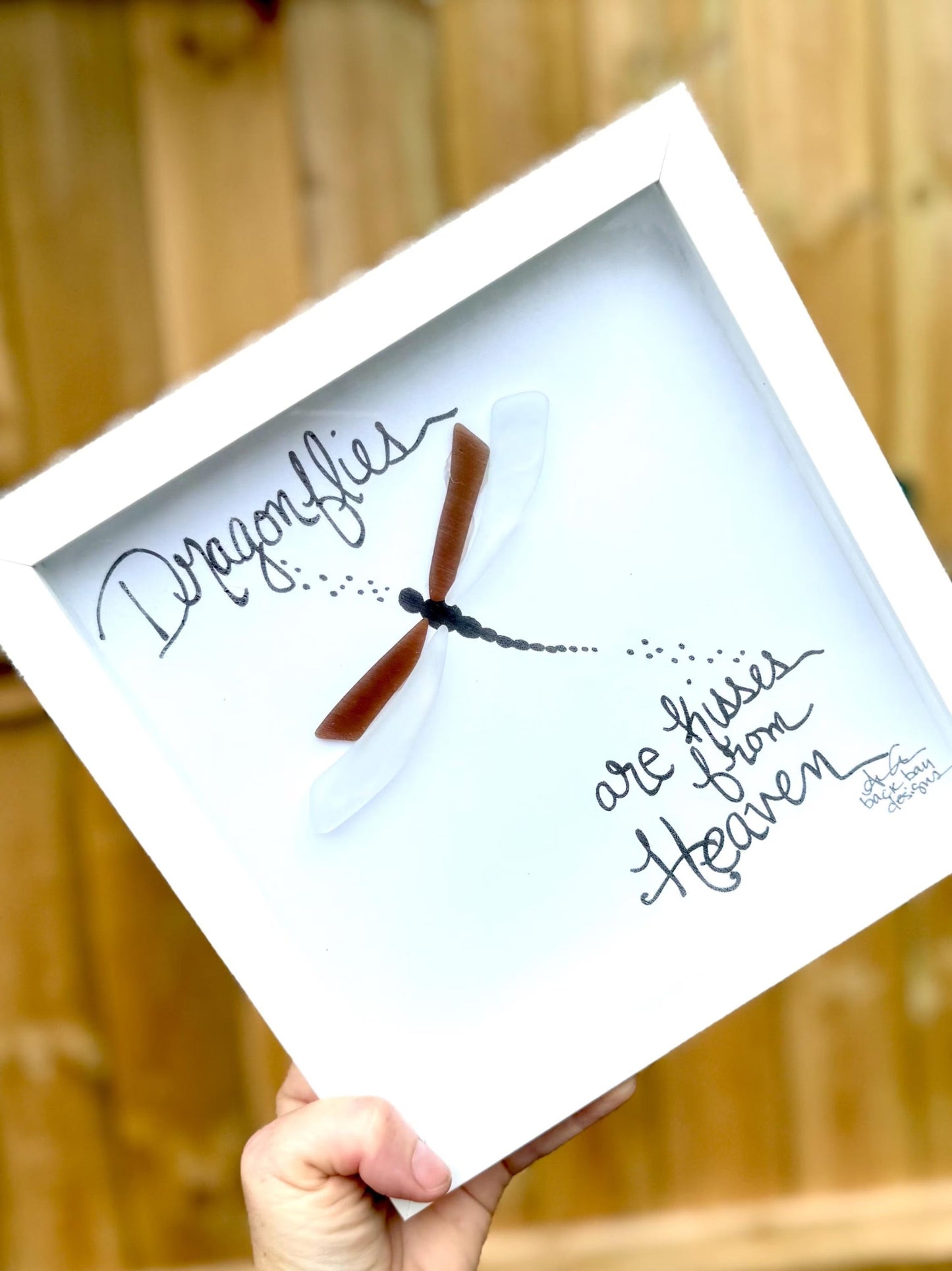 dragonfly heaven 8 in sea glass art on fence 