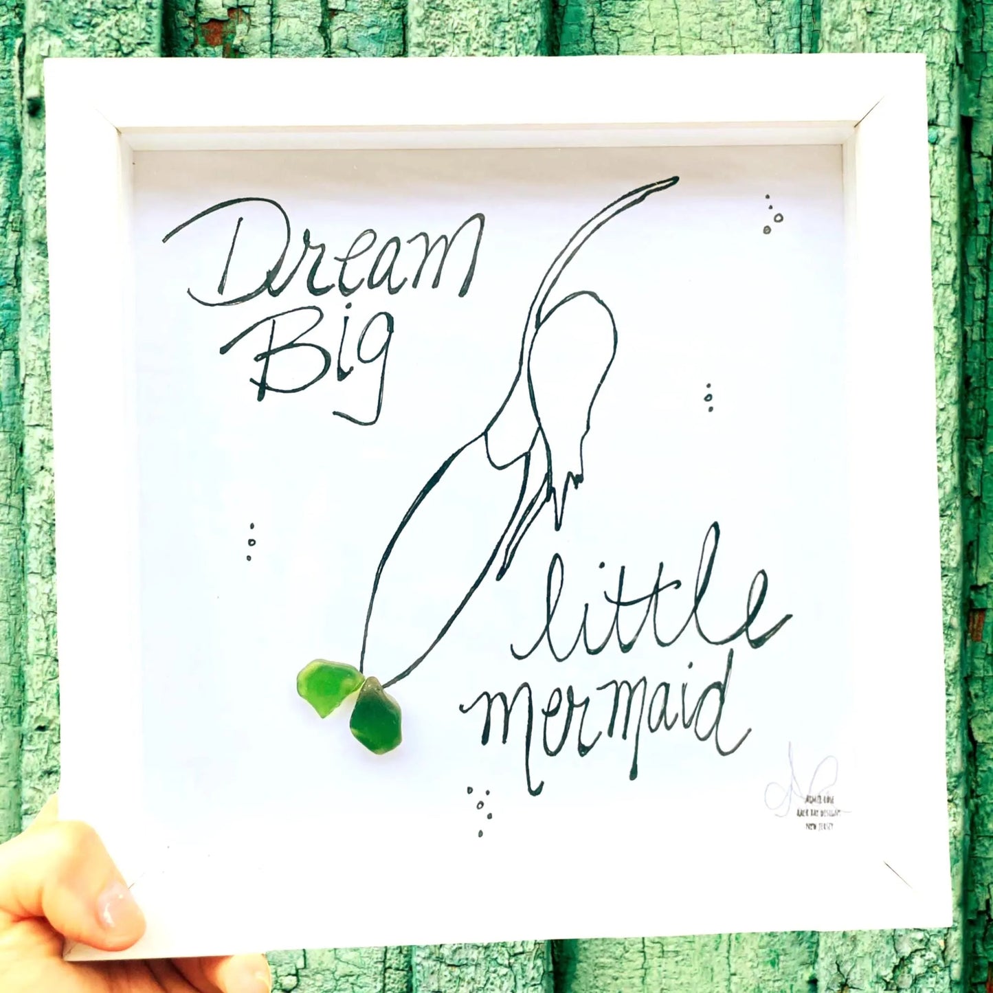Mermaid Dream Big - Encouragement Gift, Sea Glass Art, 8x8 Framed