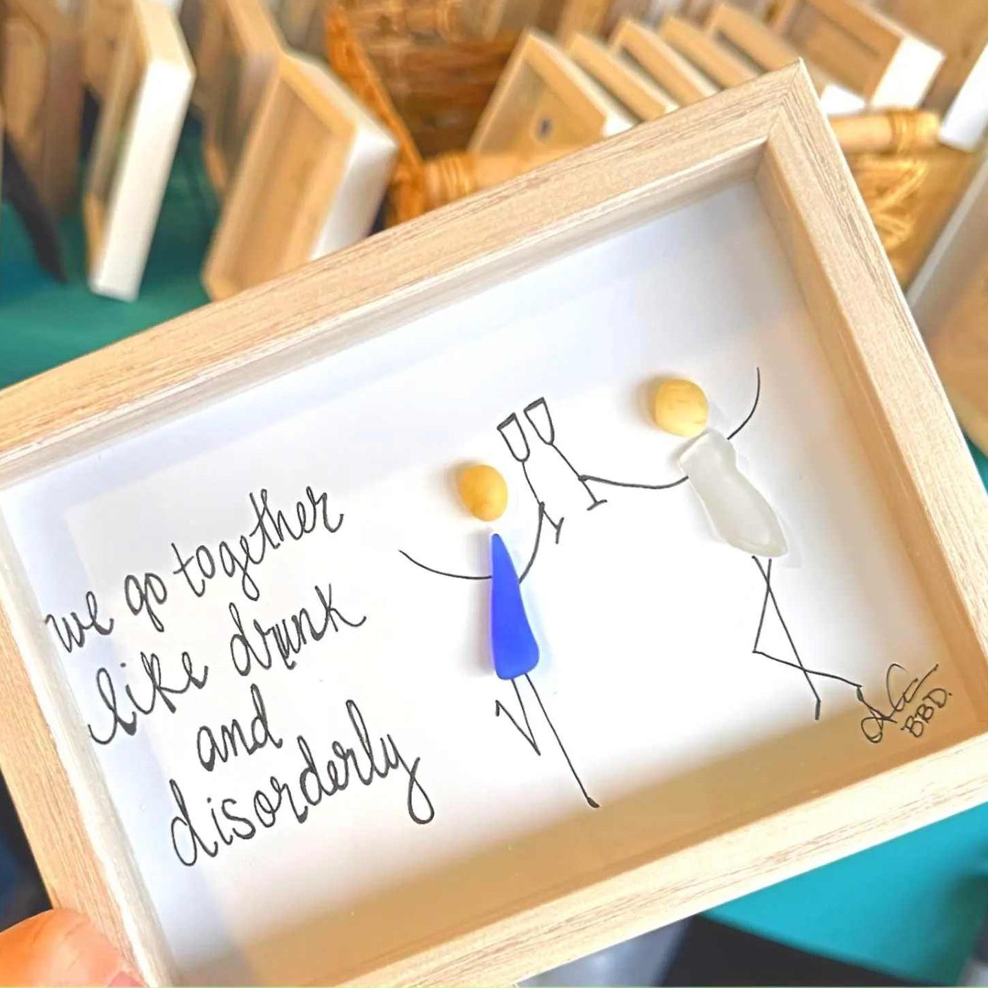 Drunk and Disorderly - SLIM Sea Glass Art,  5x7 Whitewash Frame
