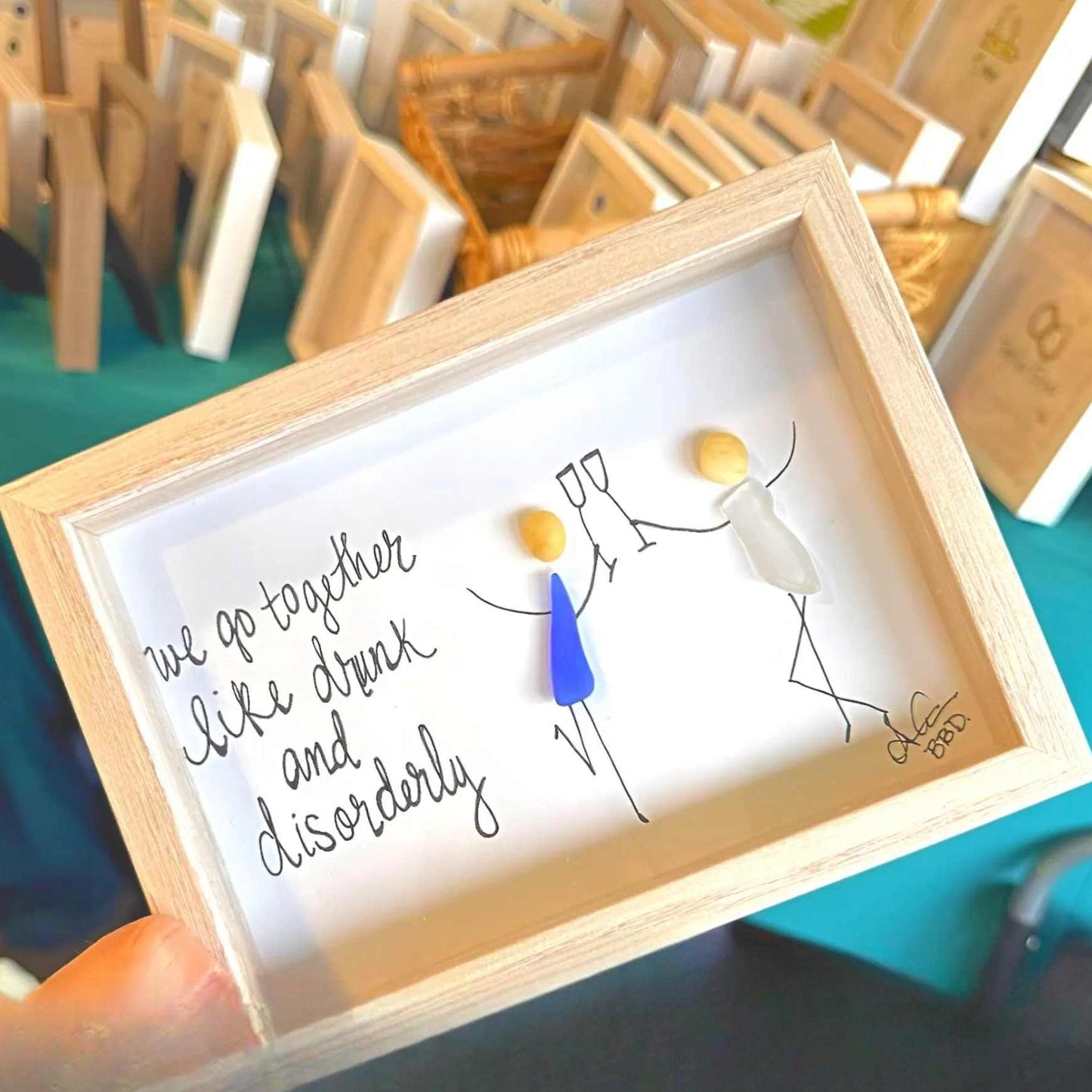 drunk_disorderly_5x7_bright_whitewash frame "we gotogether like drunk and disorderly" two sea glass people  dancing toasting hand drawn champagne flutes 