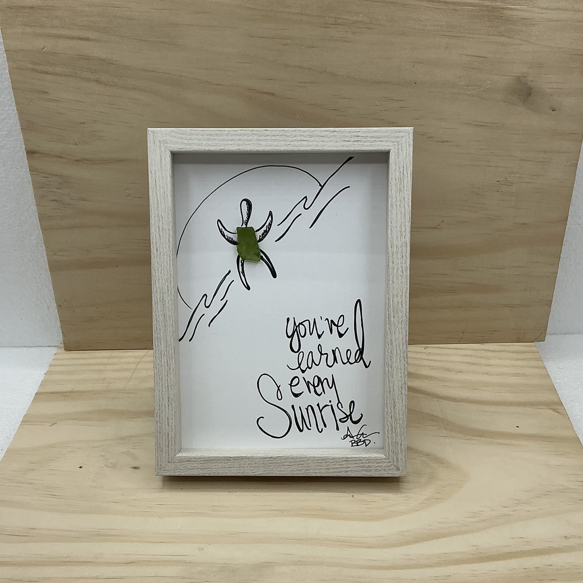 You've Earned Every Sunrise Sea Turtle - SLIM Sea Glass Art,  5x7 Whitewash Frame