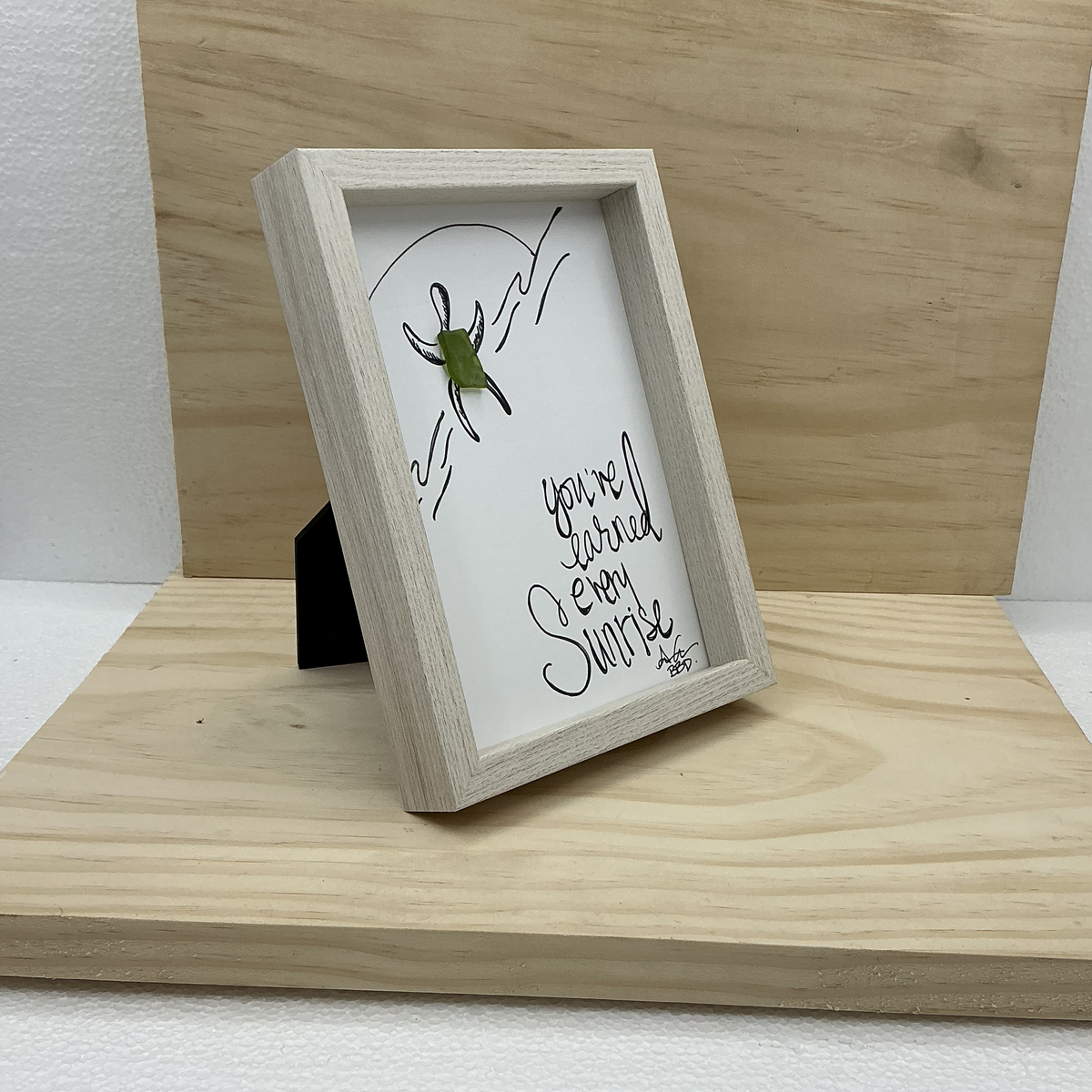 You've Earned Every Sunrise Sea Turtle - SLIM Sea Glass Art,  5x7 Whitewash Frame