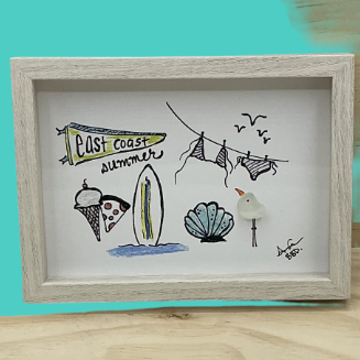 Quote: "east coast summer" Image: Colorful hand-drawn summer beach scene with a pennant, ice cream cone, pizza slice, surfboard, scallop shell, bikini clothesline and birds, plus a sea glass seagull