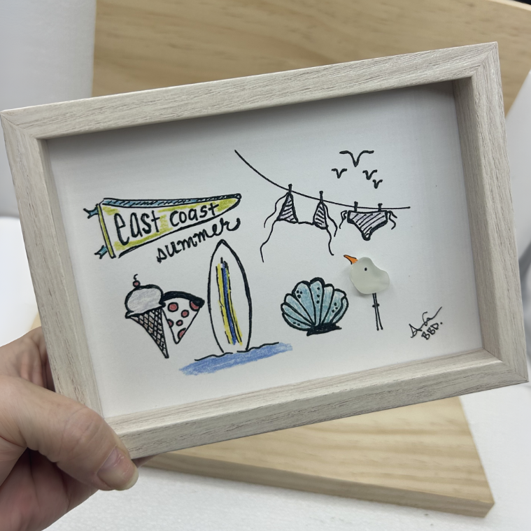 Quote: "east coast summer" Image: Colorful hand-drawn summer beach scene with a pennant, ice cream cone, pizza slice, surfboard, scallop shell, bikini clothesline and birds, plus a sea glass seagull