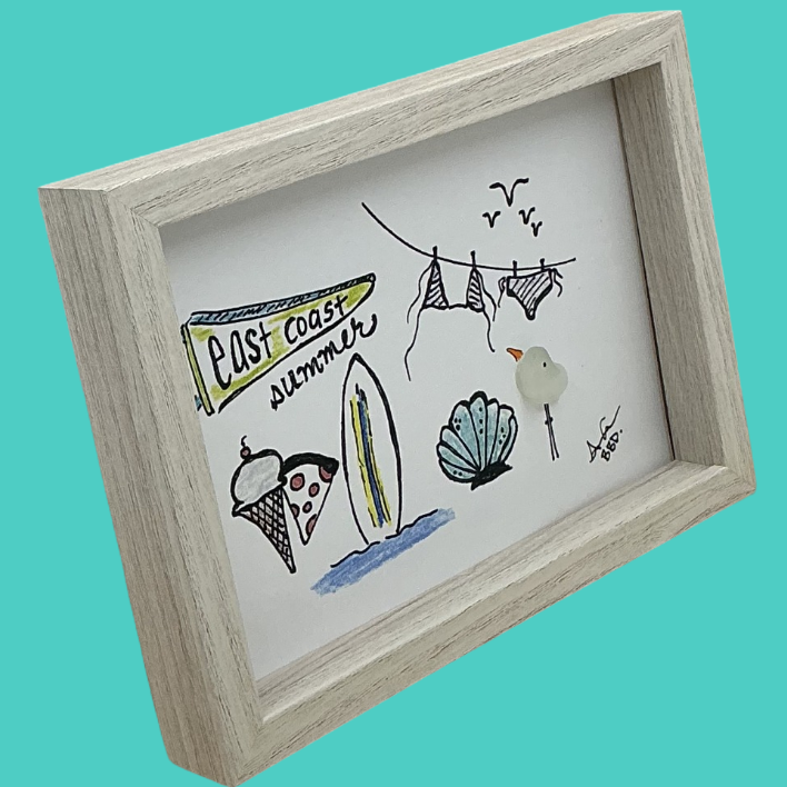 Quote: "east coast summer" Image: Colorful hand-drawn summer beach scene with a pennant, ice cream cone, pizza slice, surfboard, scallop shell, bikini clothesline and birds, plus a sea glass seagull