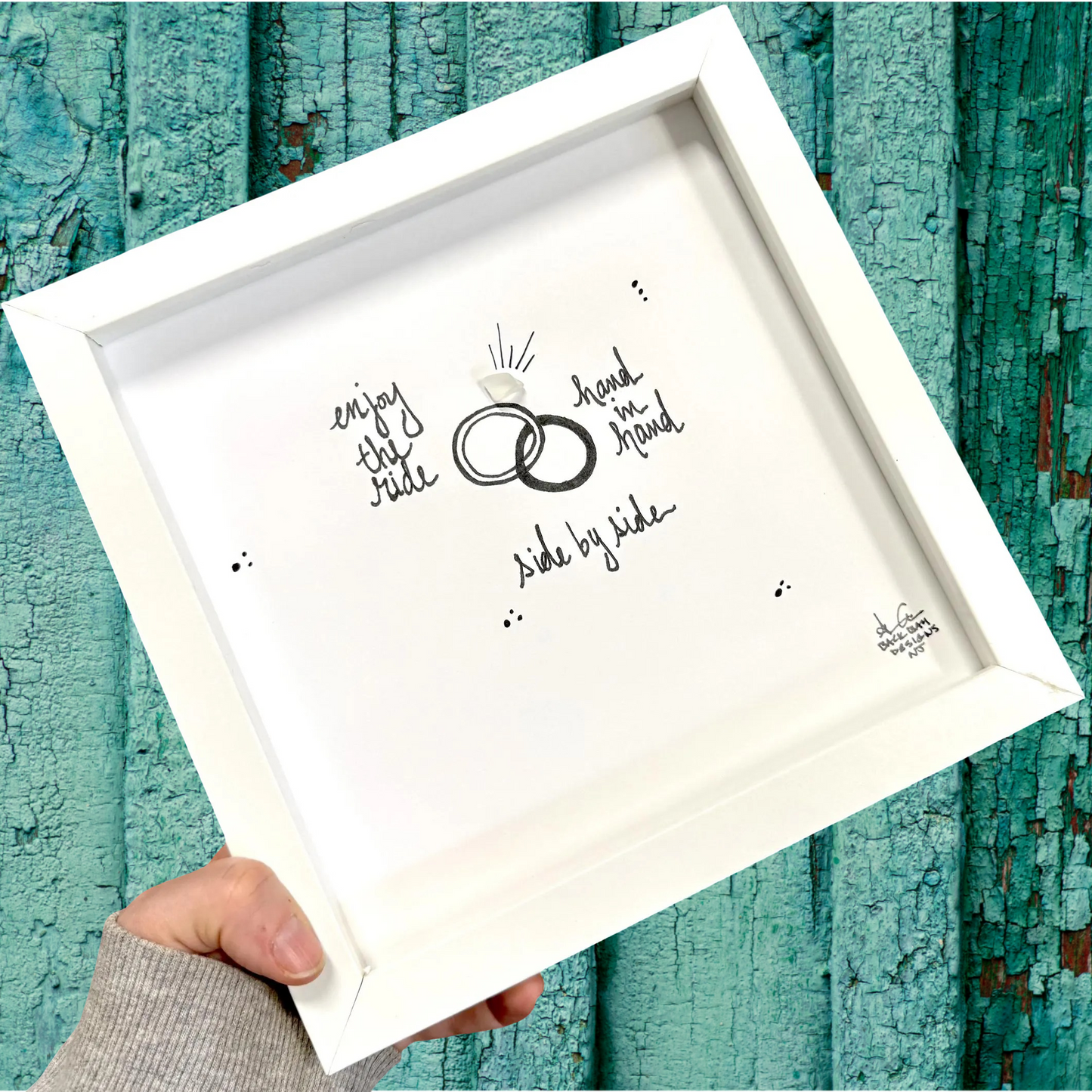 Wedding Rings Enjoy the Ride - Sea Glass Art, Engagement Gift, Bridal Shower, 8x8 framed