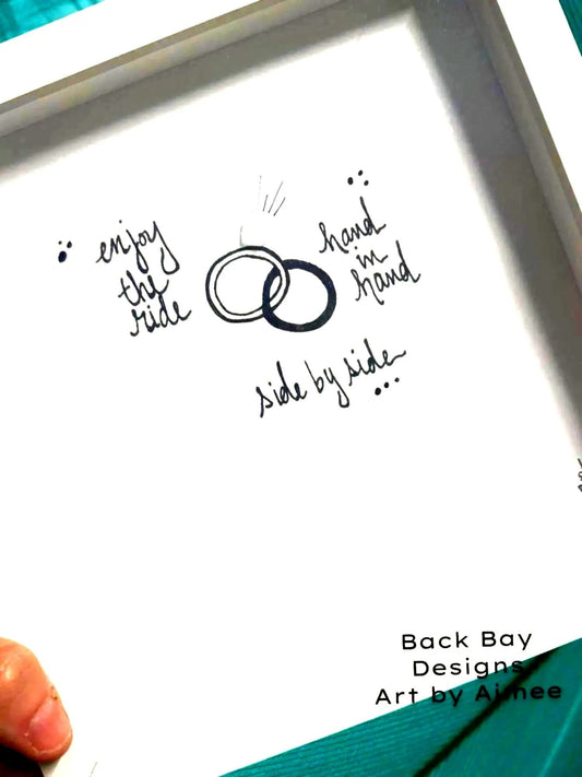 Wedding Rings Enjoy the Ride - Sea Glass Art, Engagement Gift, Bridal Shower, 8x8 framed