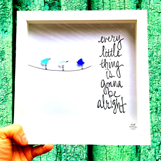 Every Little Thing - Sea Glass Art, Uplifting Meditation, Minimalist Bird Decor, 8x8 framed