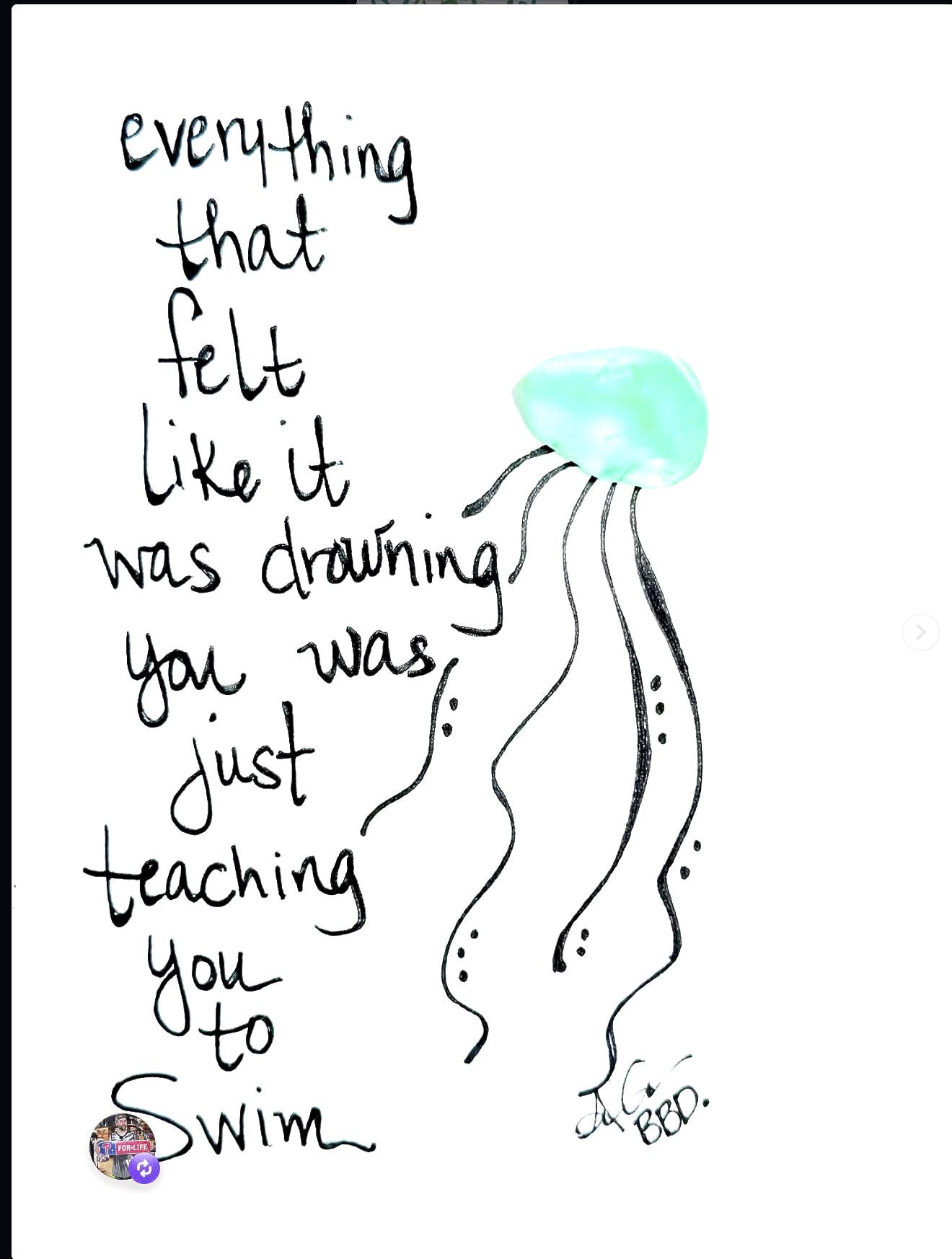 Jellyfish Everything Teaching You To Swim  - SLIM Sea Glass Art,  5x7 Whitewash Frame