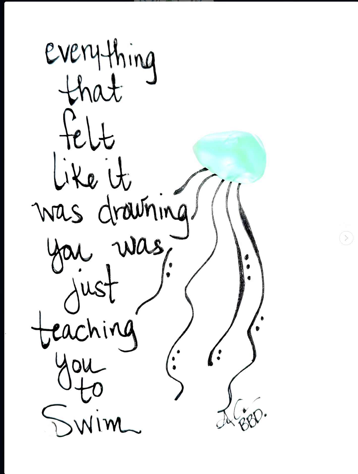 Jellyfish Everything Teaching You To Swim  - SLIM Sea Glass Art,  5x7 Whitewash Frame