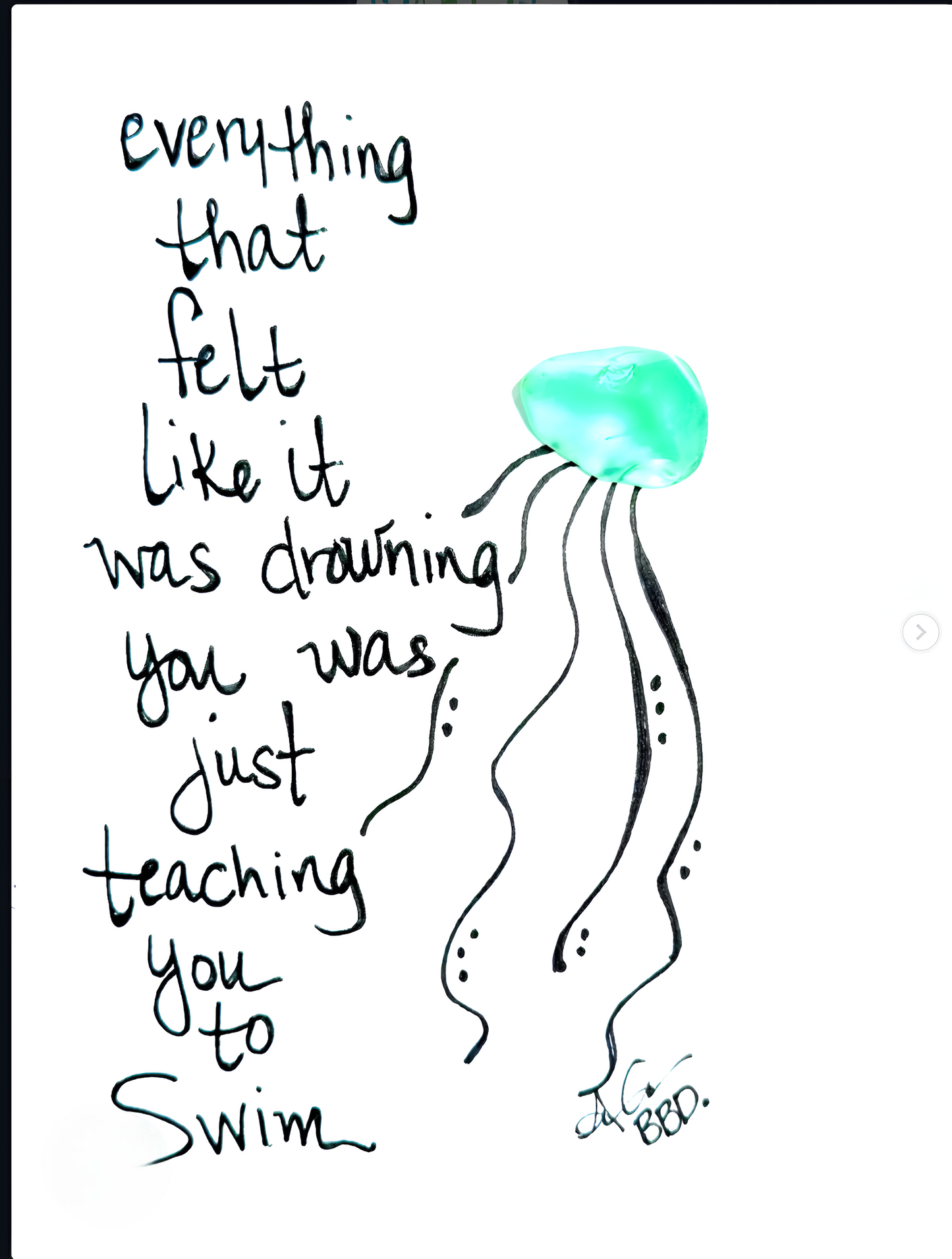 Jellyfish Everything Teaching You To Swim  - SLIM Sea Glass Art,  5x7 Whitewash Frame