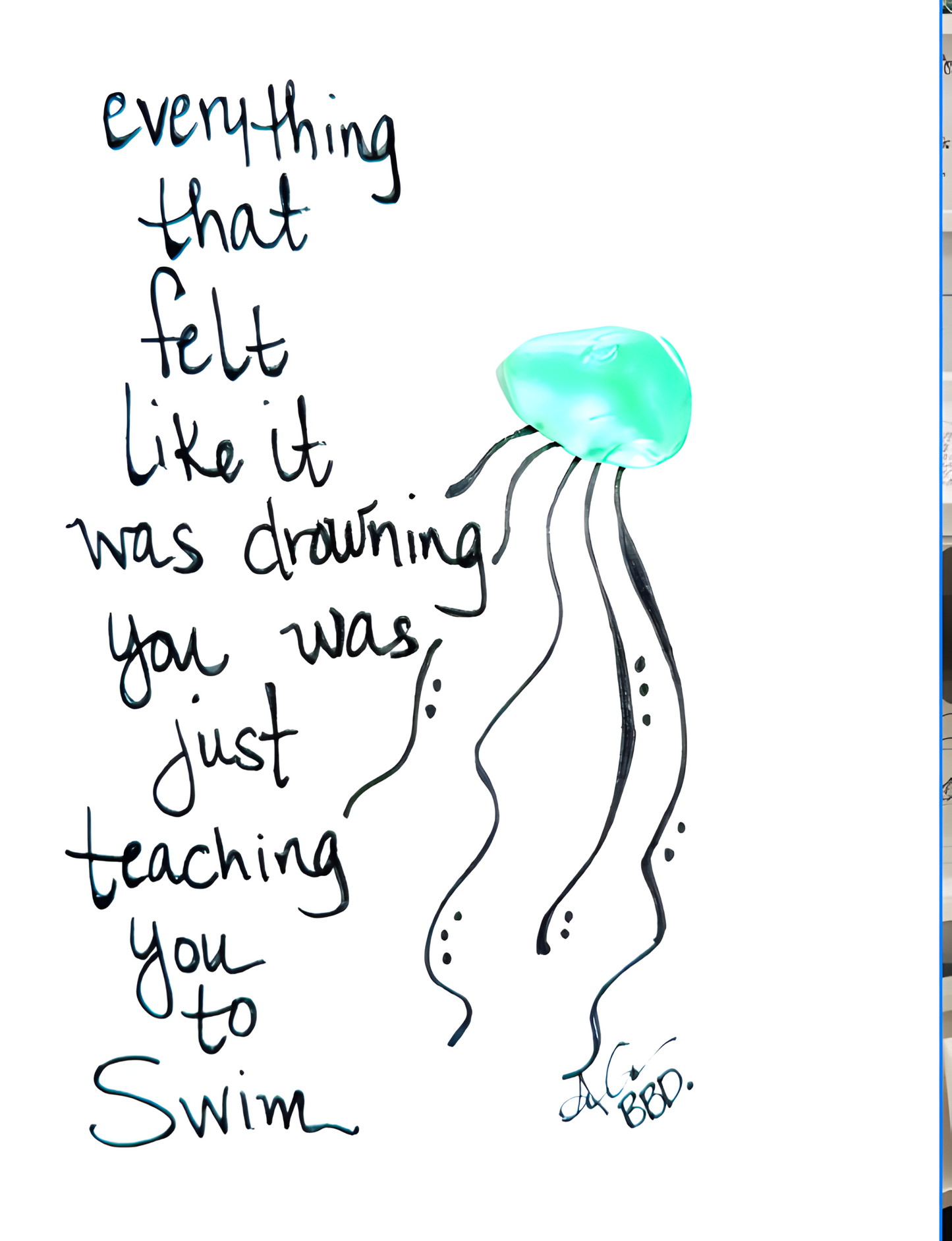 Jellyfish Everything Teaching You To Swim  - SLIM Sea Glass Art,  5x7 Whitewash Frame
