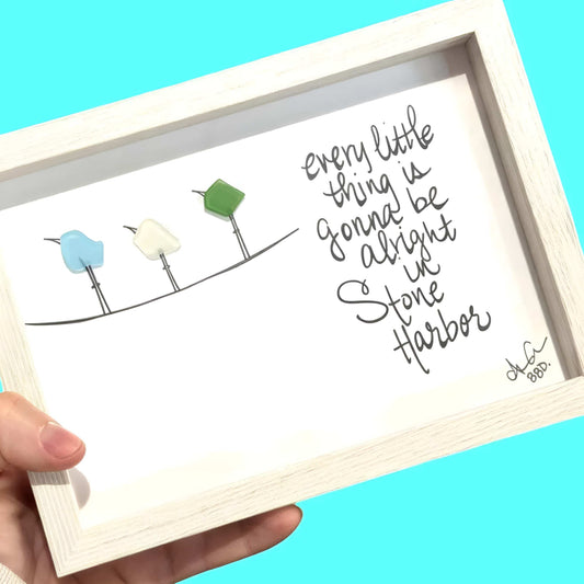 everythingbealrightinStoneHarbor_ZOOM upscale "Every little thing is gonna be alright in Stone Harbor." Bob Marley Lyric adapted to Jersey Shore 3 sea glass birds perched on hand drawn wire