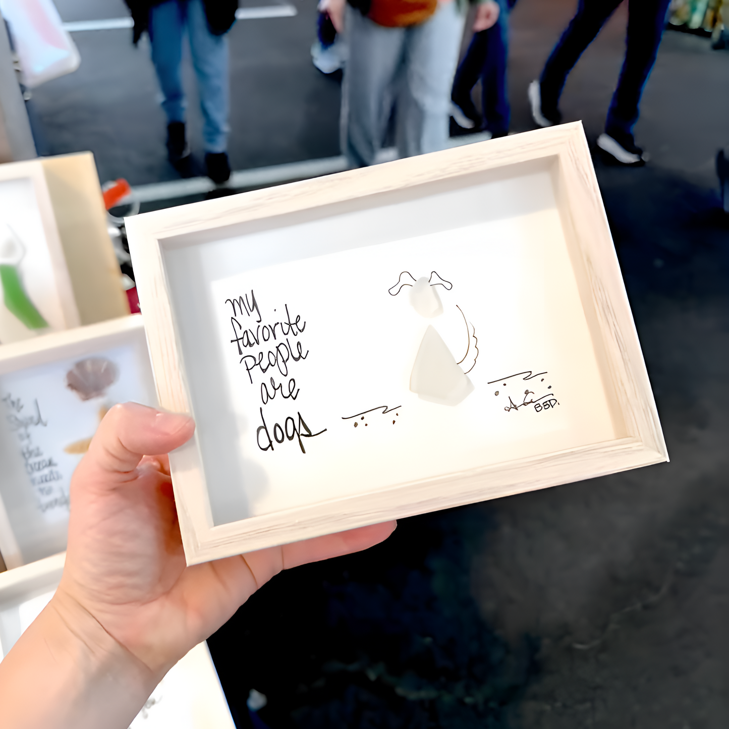 Fave People Are Dogs - SLIM Sea Glass Art,  5x7 Whitewash Frame