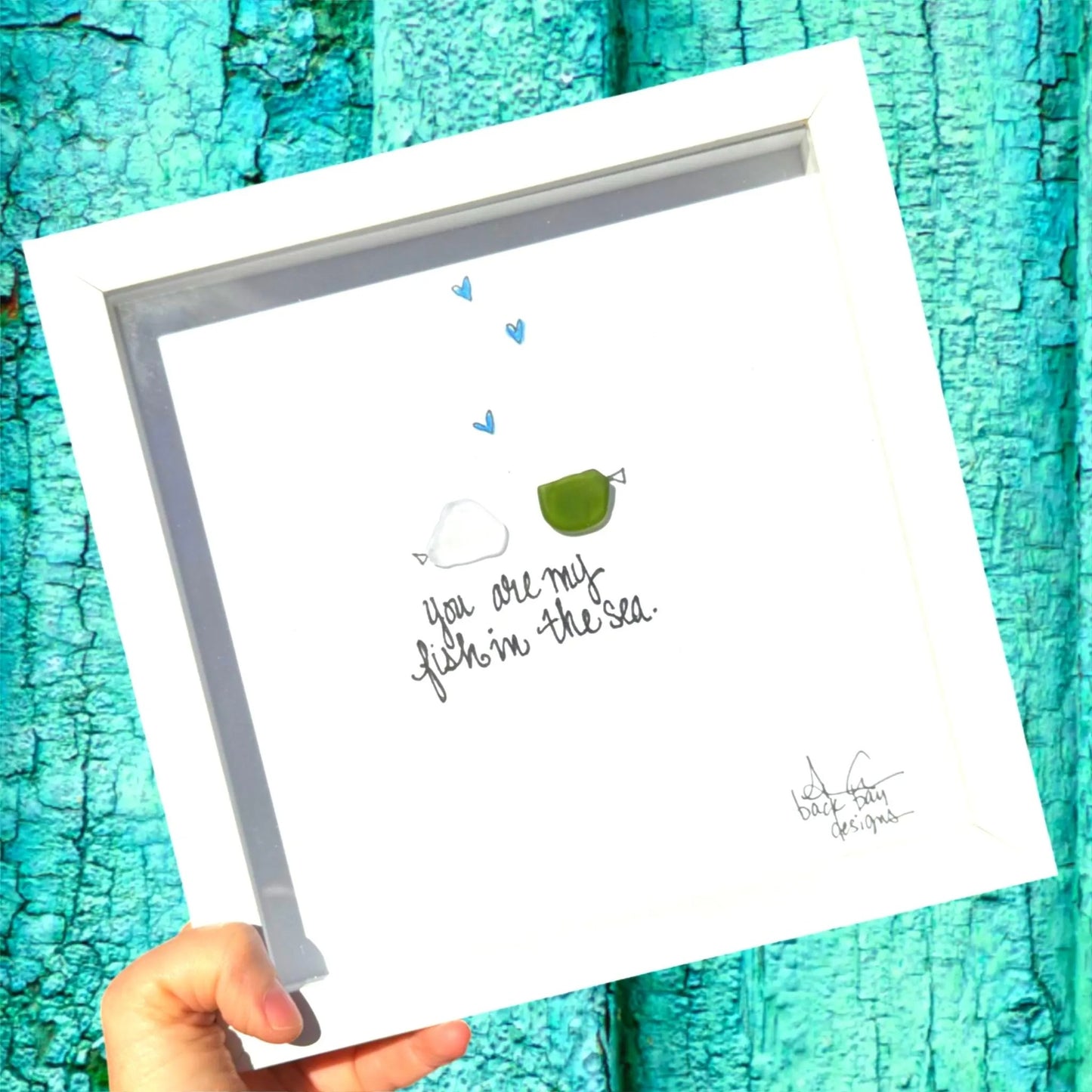 Fish In The Sea - Wedding Sea Glass Art, Romantic Wife Husband Gift, Sea Life Decor, 8x8 framed