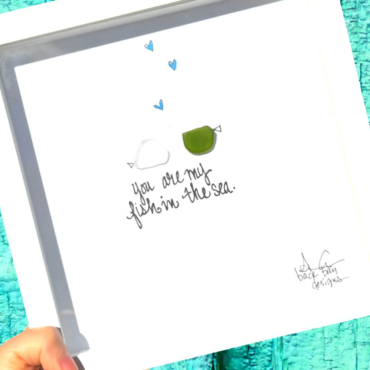 Fish In The Sea - Wedding Sea Glass Art, Romantic Wife Husband Gift, Sea Life Decor, 8x8 framed