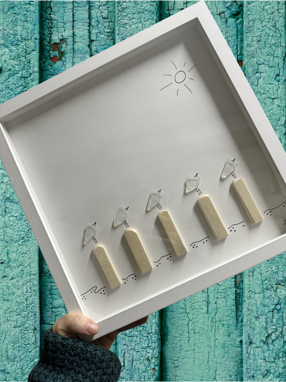 five birds on pilings sea glass art 