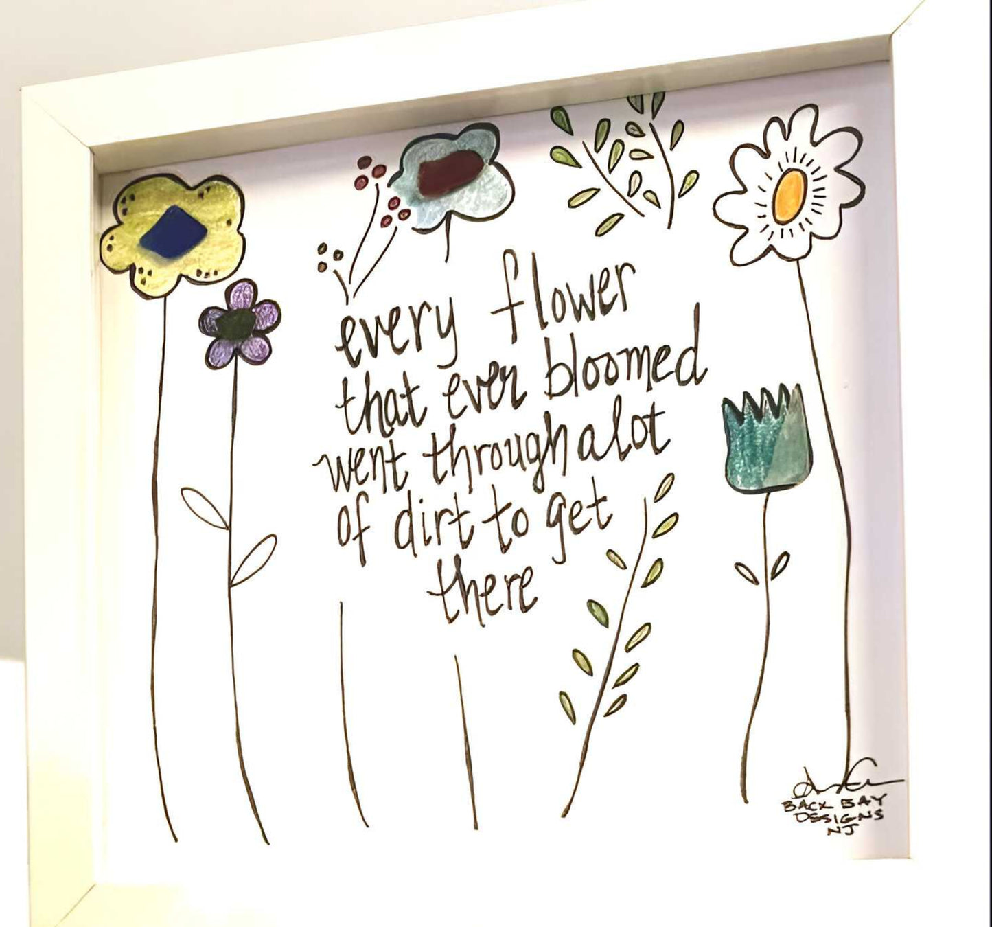 flower blooms through art 8in sea glass art ion white shelf