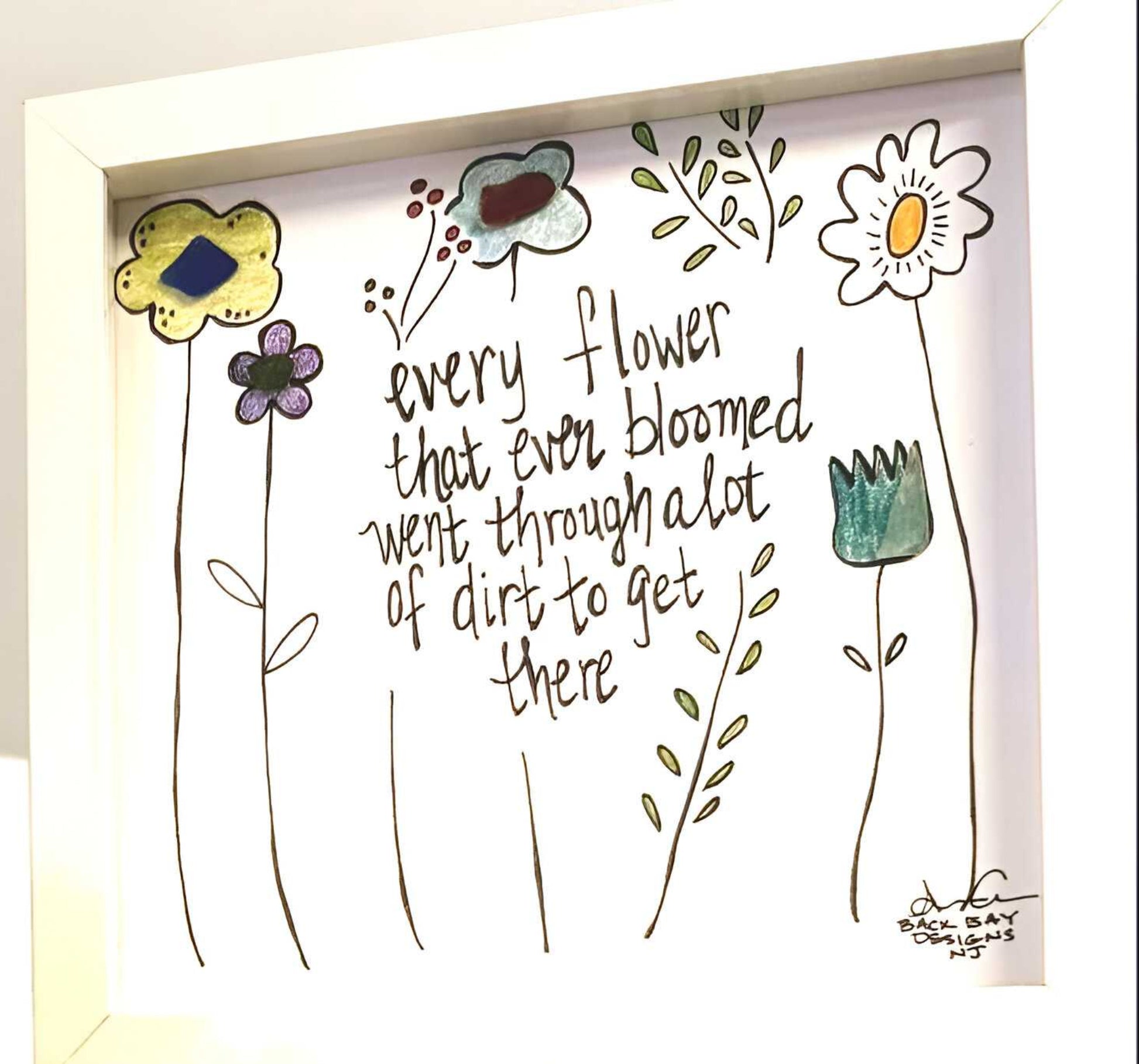 flower blooms through art 8in sea glass art ion white shelf