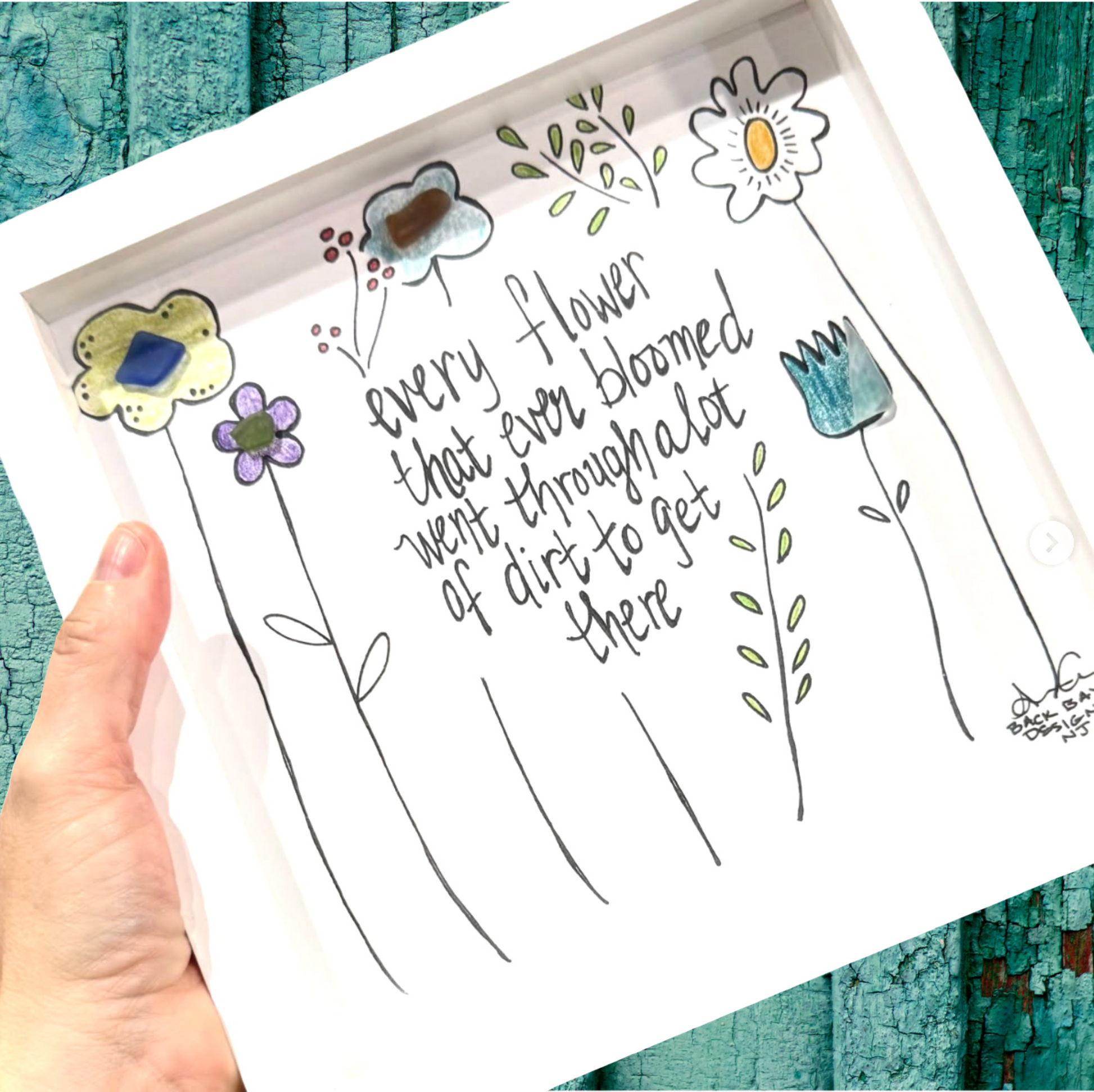 flowers bloom through dirt 8in sea glass art bright close