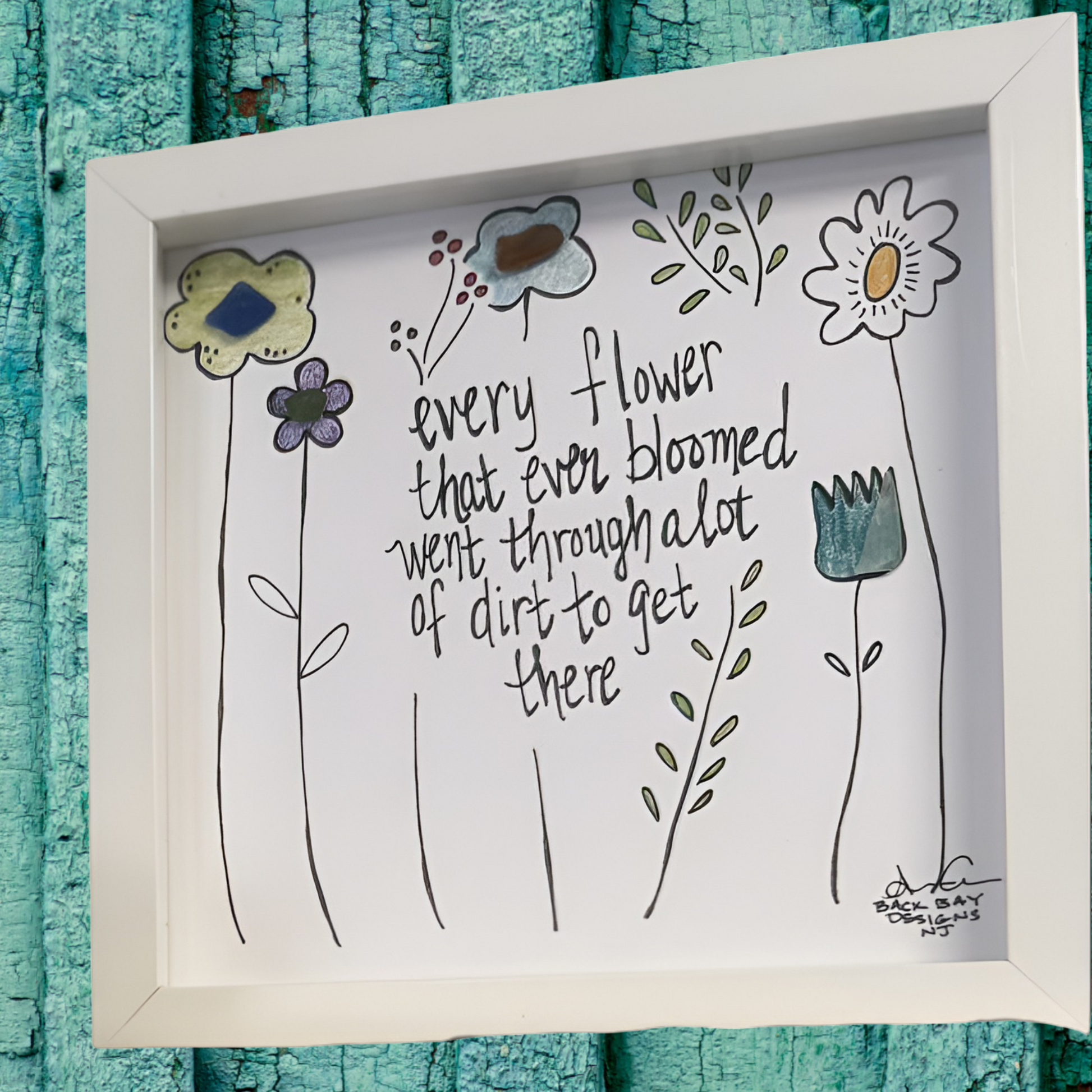 flowers bloom through dirt green background 8in sea glass art 