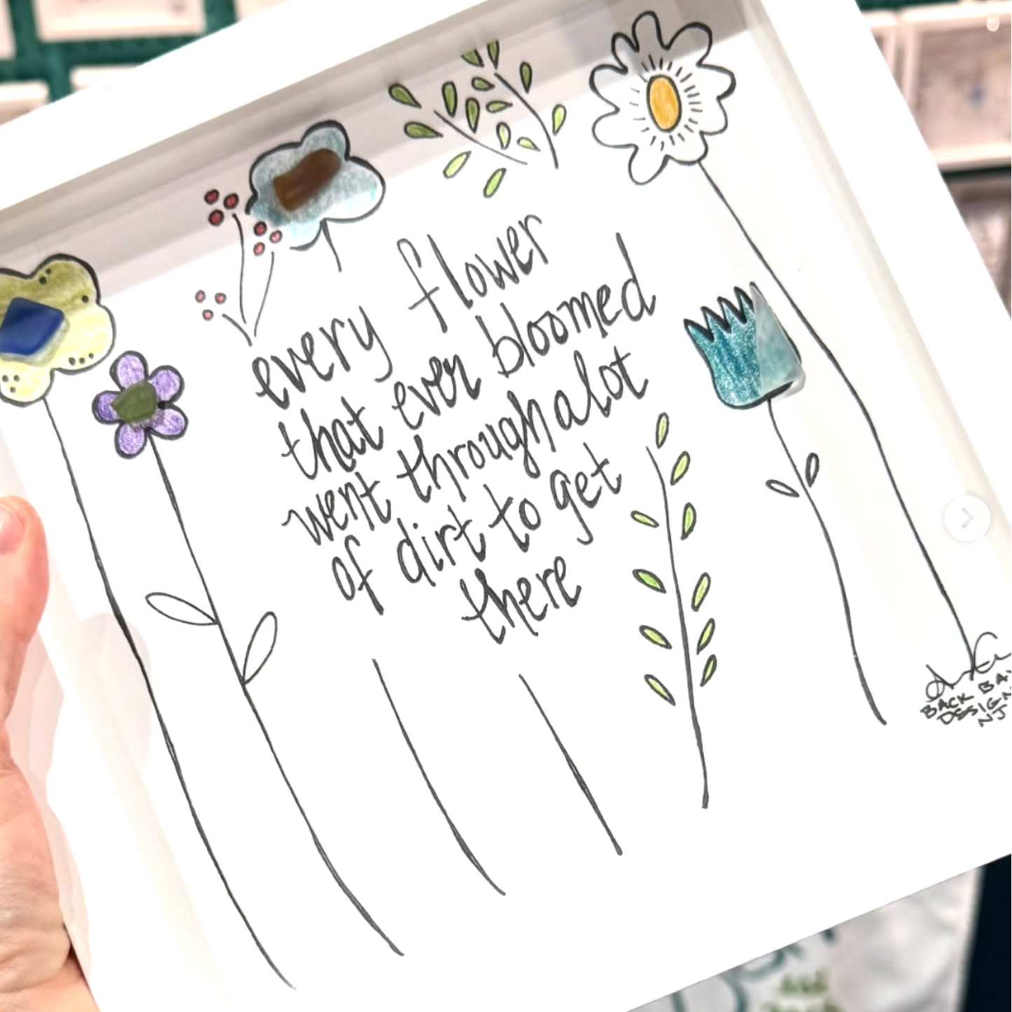 Flowers Bloom Through Dirt - Sea Glass Art, Perseverance Gift, Garden Decor 8x8 framed