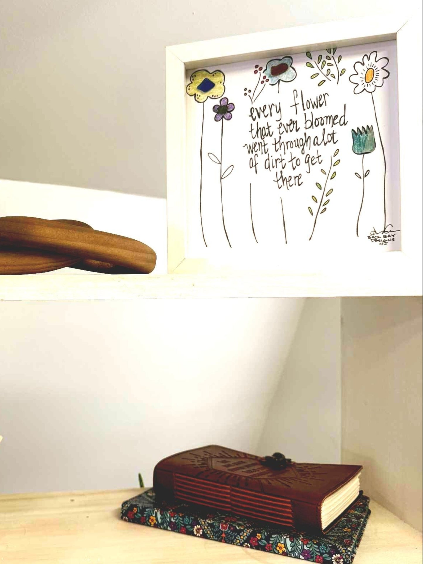 flowers through dirt 8in bright white shelf sea glass art 