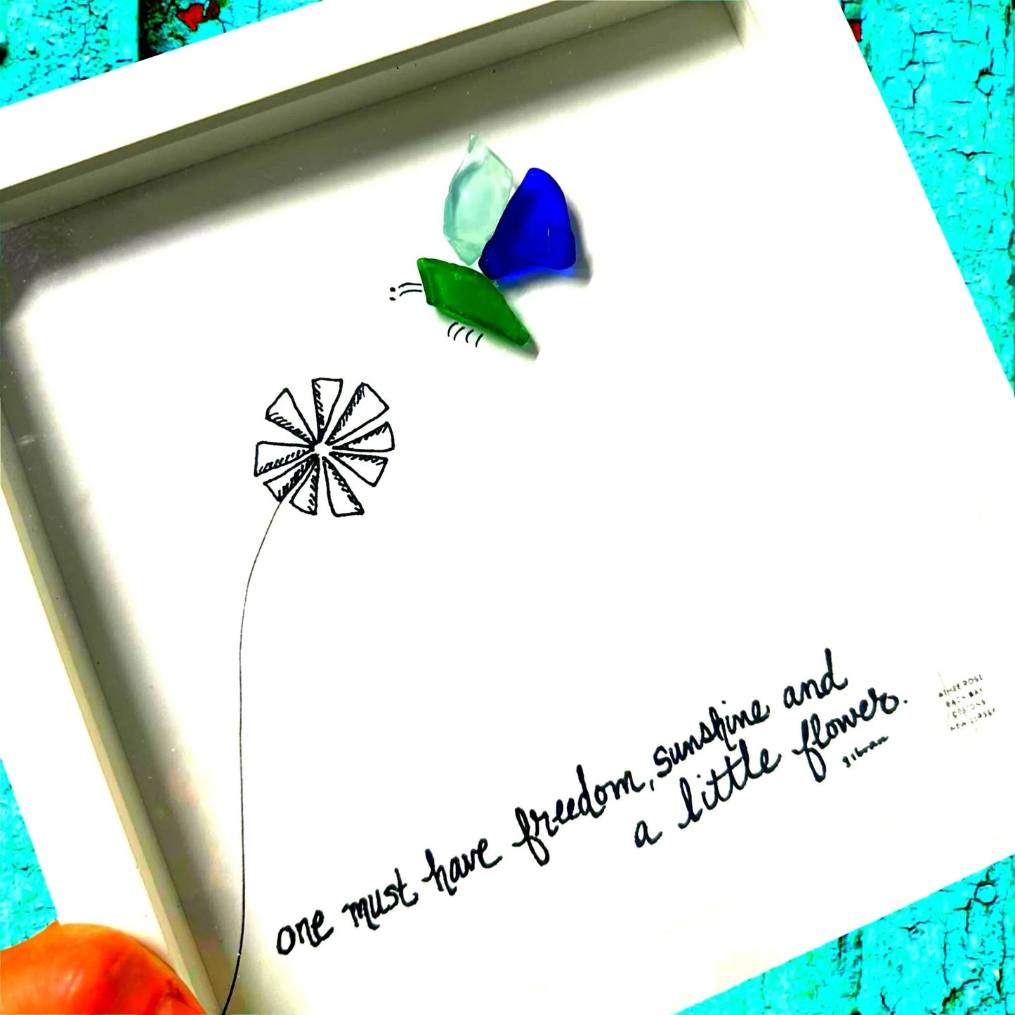 Freedom, Sunshine, and A Little Flower - Sea Glass Art, Gardener Gift, 8x8 framed
