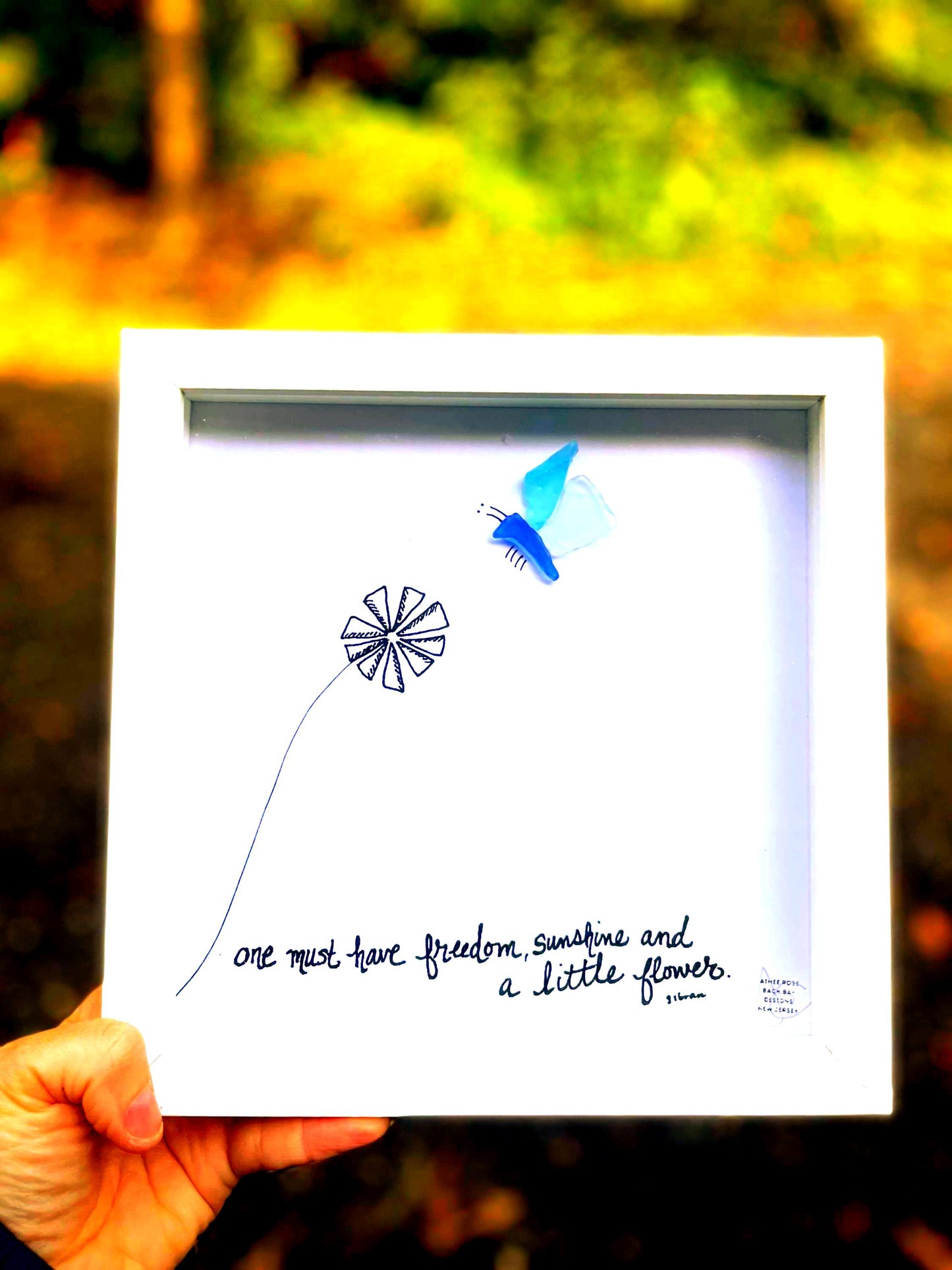 Freedom, Sunshine, and A Little Flower - Sea Glass Art, Gardener Gift, 8x8 framed