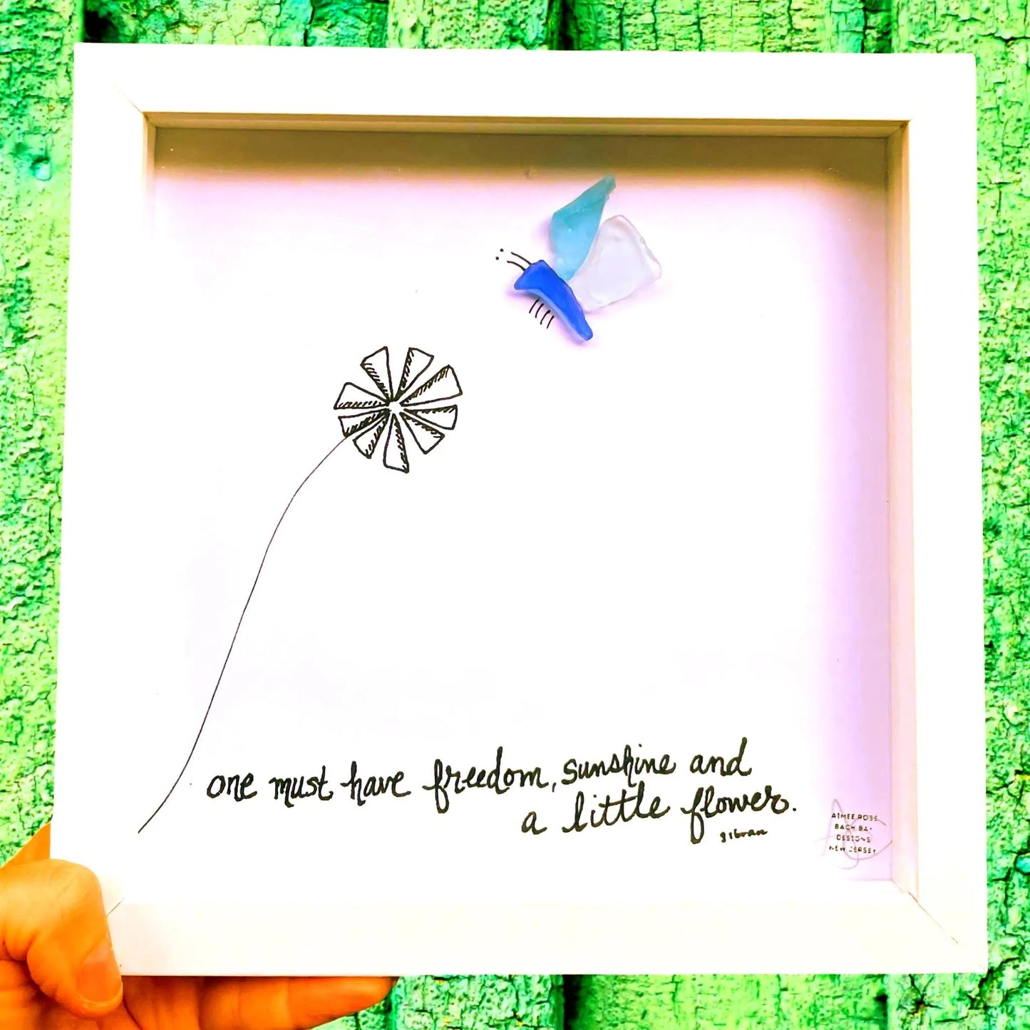 Freedom, Sunshine, and A Little Flower - Sea Glass Art, Gardener Gift, 8x8 framed