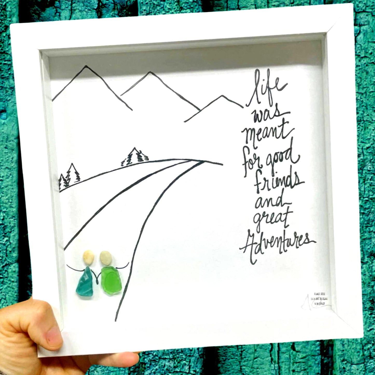 Life Adventures with Friends - Sea Glass Art, Travel Buddy Gift, Vacation Memories, 8x8 framed