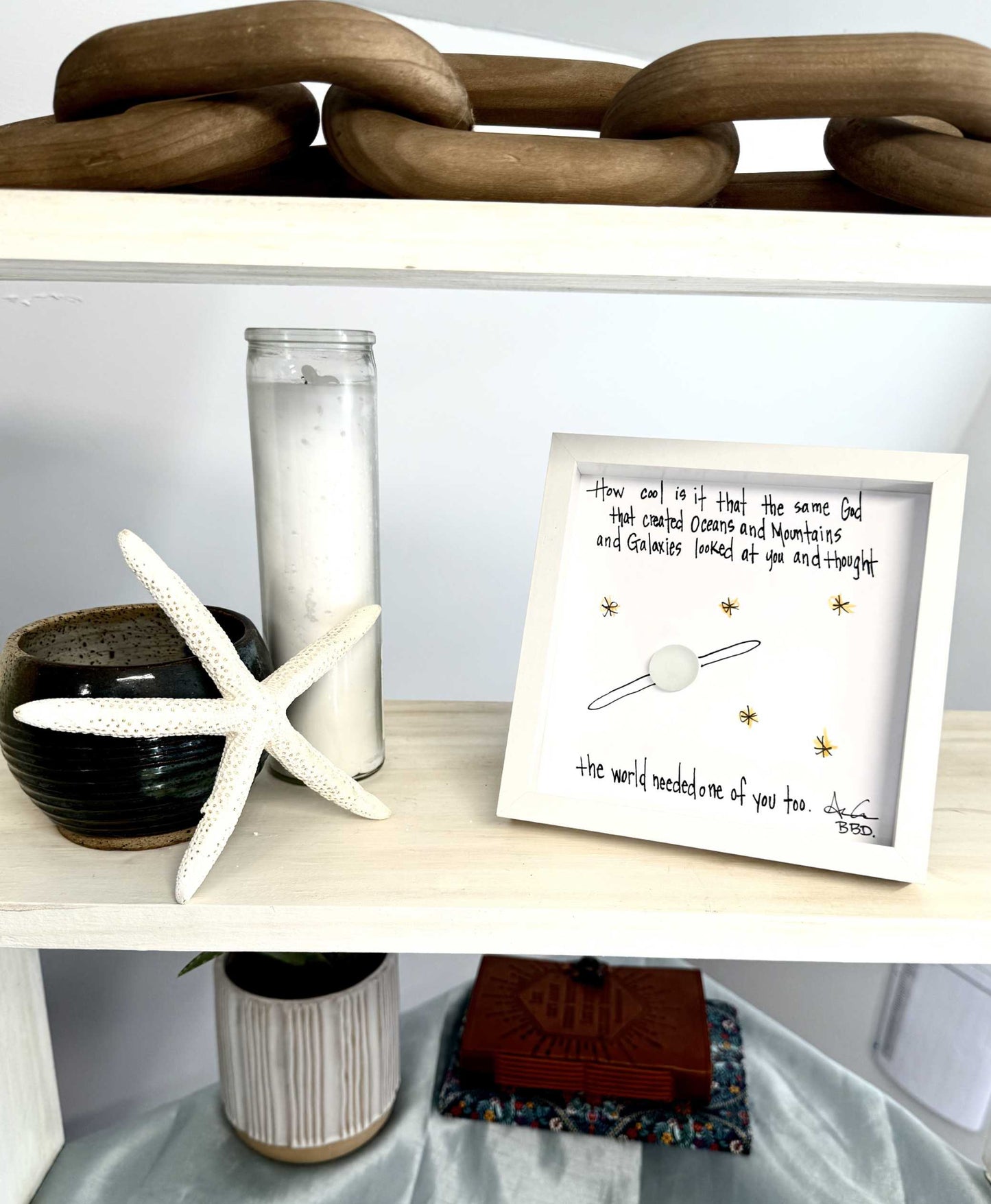 galaxies MINI 6in sea glass art on shelf