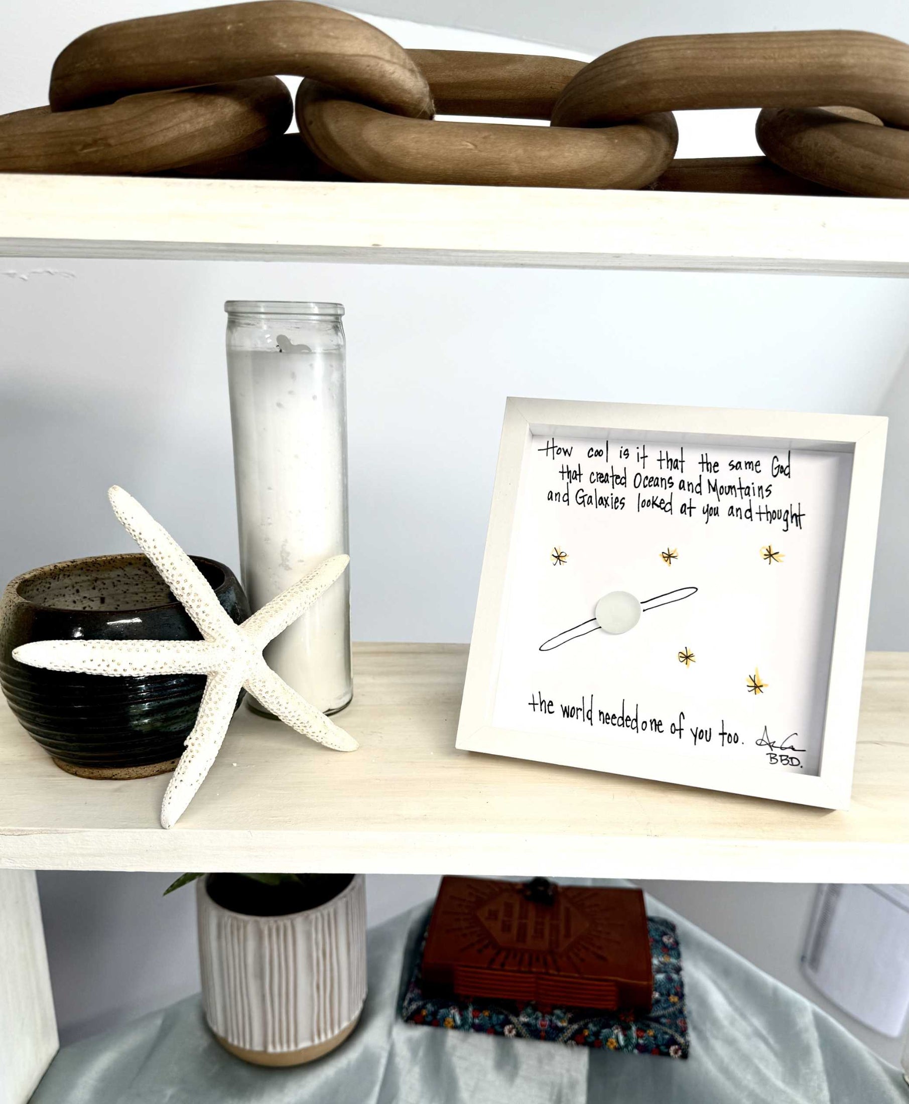 galaxies MINI 6in sea glass art on shelf