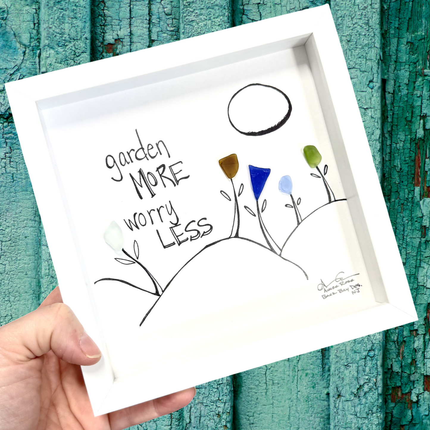 garden more worry less 6 in sea glass art 