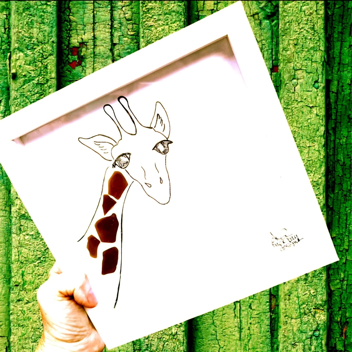 Giraffe - Sea Glass Art, Animal Lover Gift, Wildlife Decor 8x8 framed