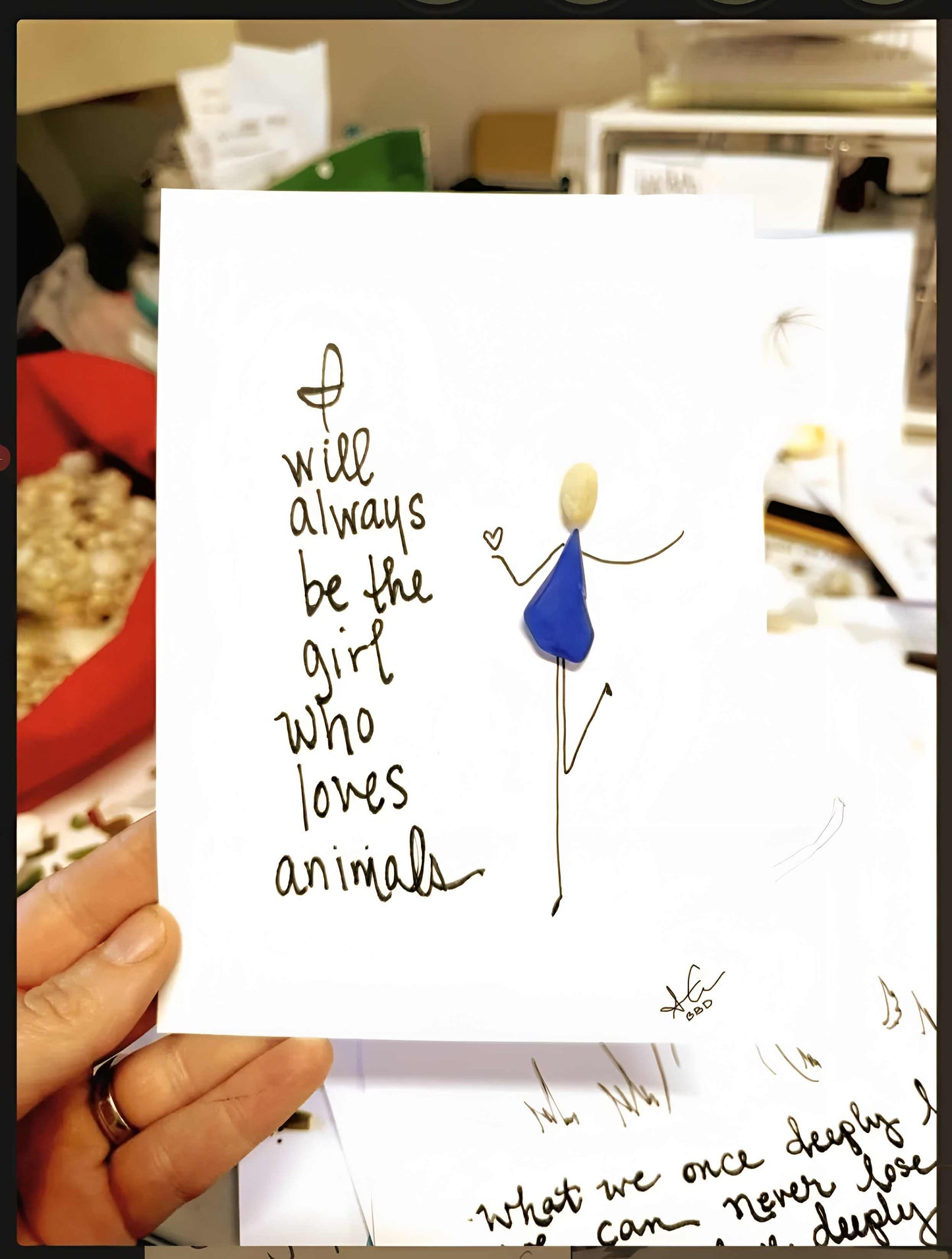 Girls Who Loves Animals - SLIM Sea Glass Art,  5x7 Whitewash Frame