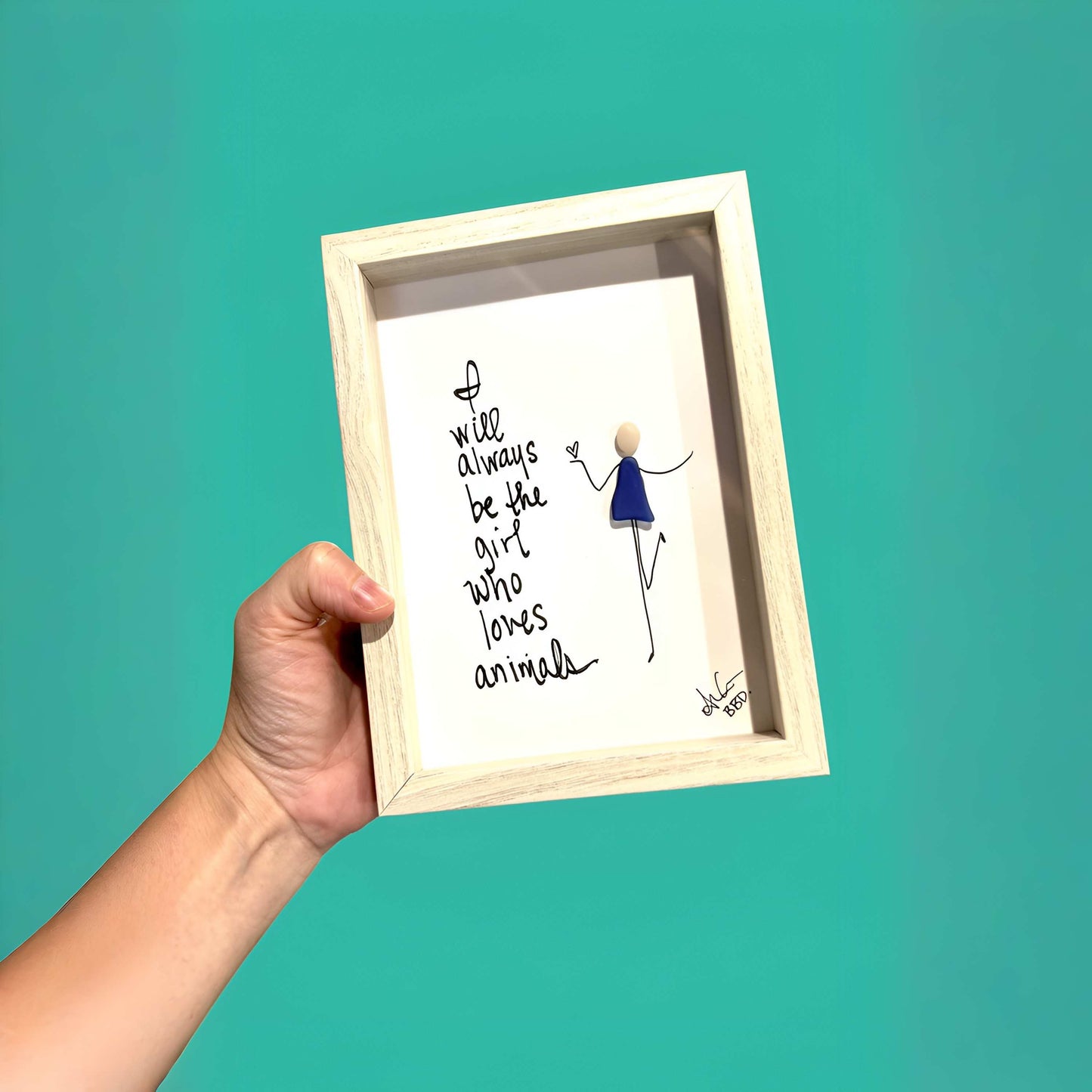 I Will Always Be The Girls Who Loves Animals - SLIM Sea Glass Art,  5x7 Whitewash Frame