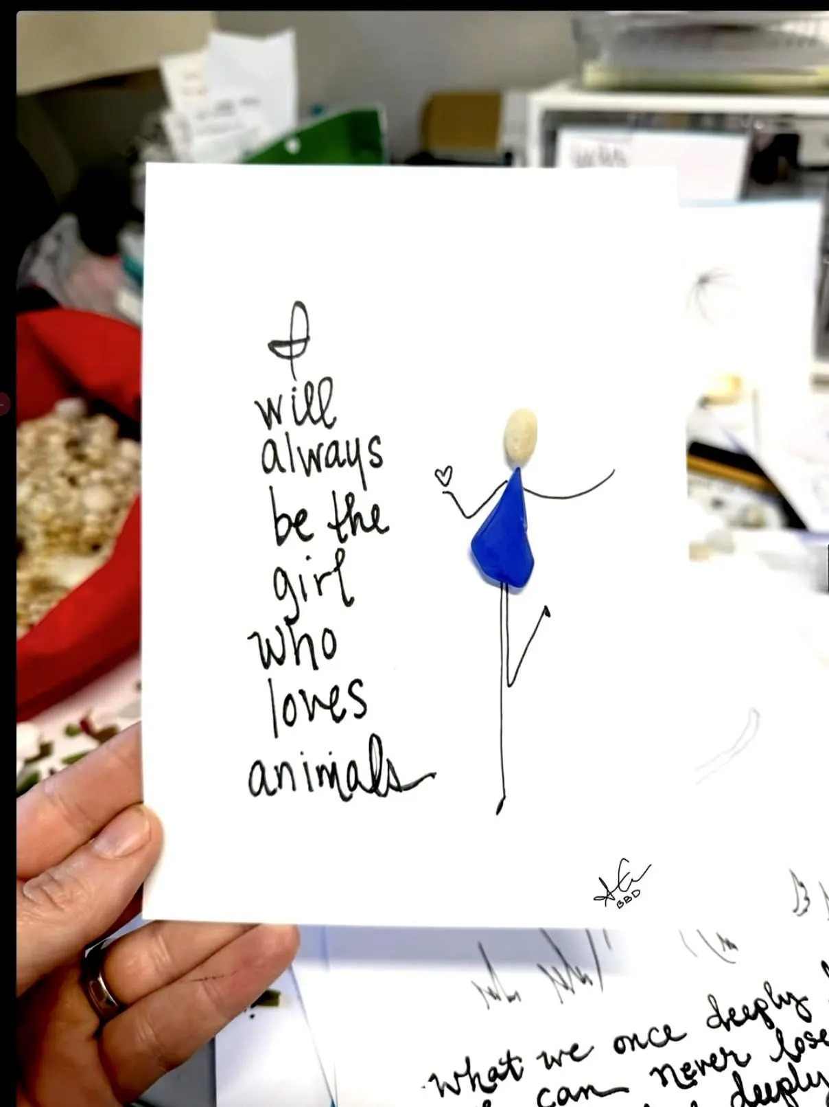 Girls Who Loves Animals - SLIM Sea Glass Art,  5x7 Whitewash Frame
